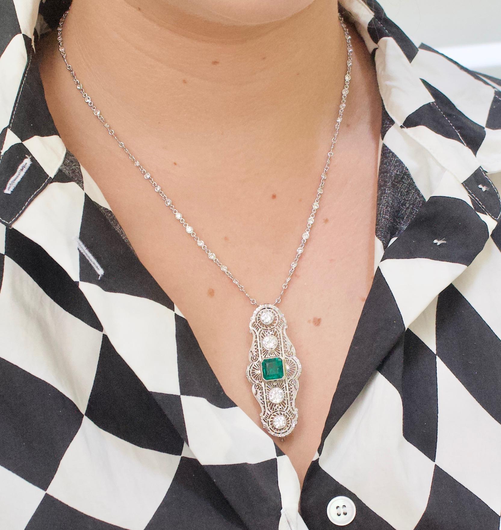Kolumbianischer Smaragd und Diamant Halskette / Brosche ca. 1920er Jahre GIA zertifiziert im Angebot 6