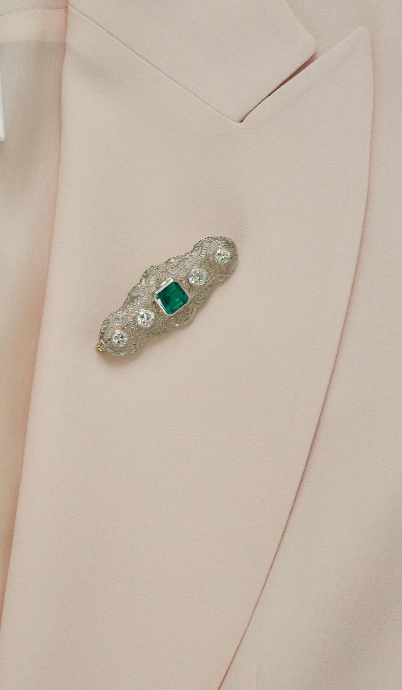 Emerald Cut Colombian Emerald and Diamond Necklace / Brooch circa 1920s GIA Certified For Sale