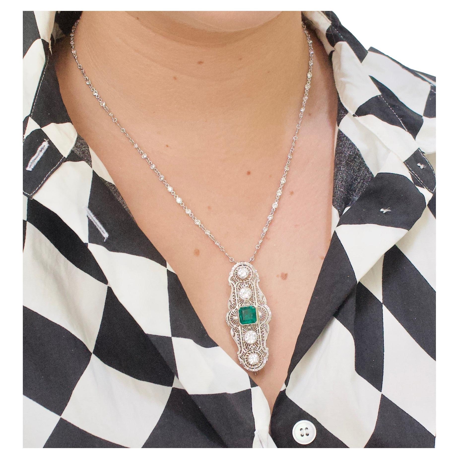 Kolumbianischer Smaragd und Diamant Halskette / Brosche ca. 1920er Jahre GIA zertifiziert