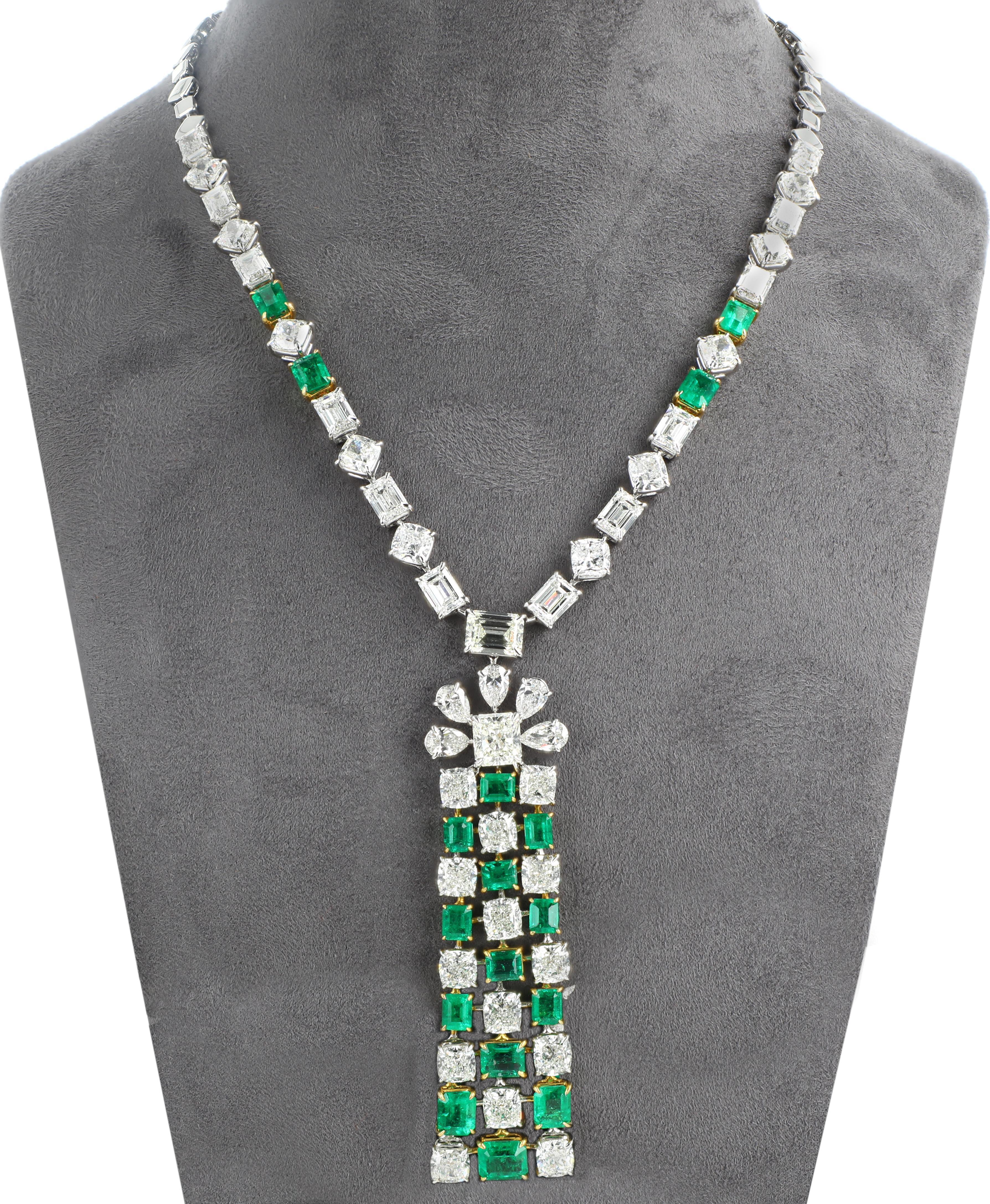 An elegant emerald and diamond necklace.

10.50 carats of vibrant and color rich Colombian emeralds, 42.34 carats of white fancy shaped certified diamonds.