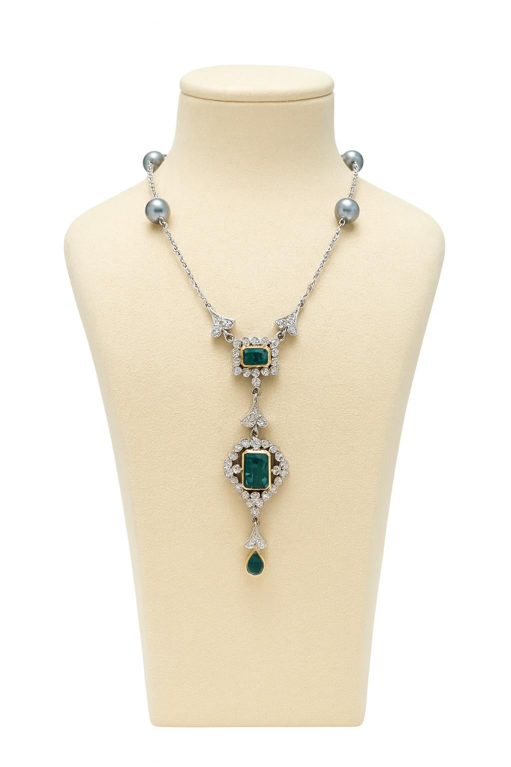 Emerald Cut Colombian Emerald and Diamond Necklace For Sale