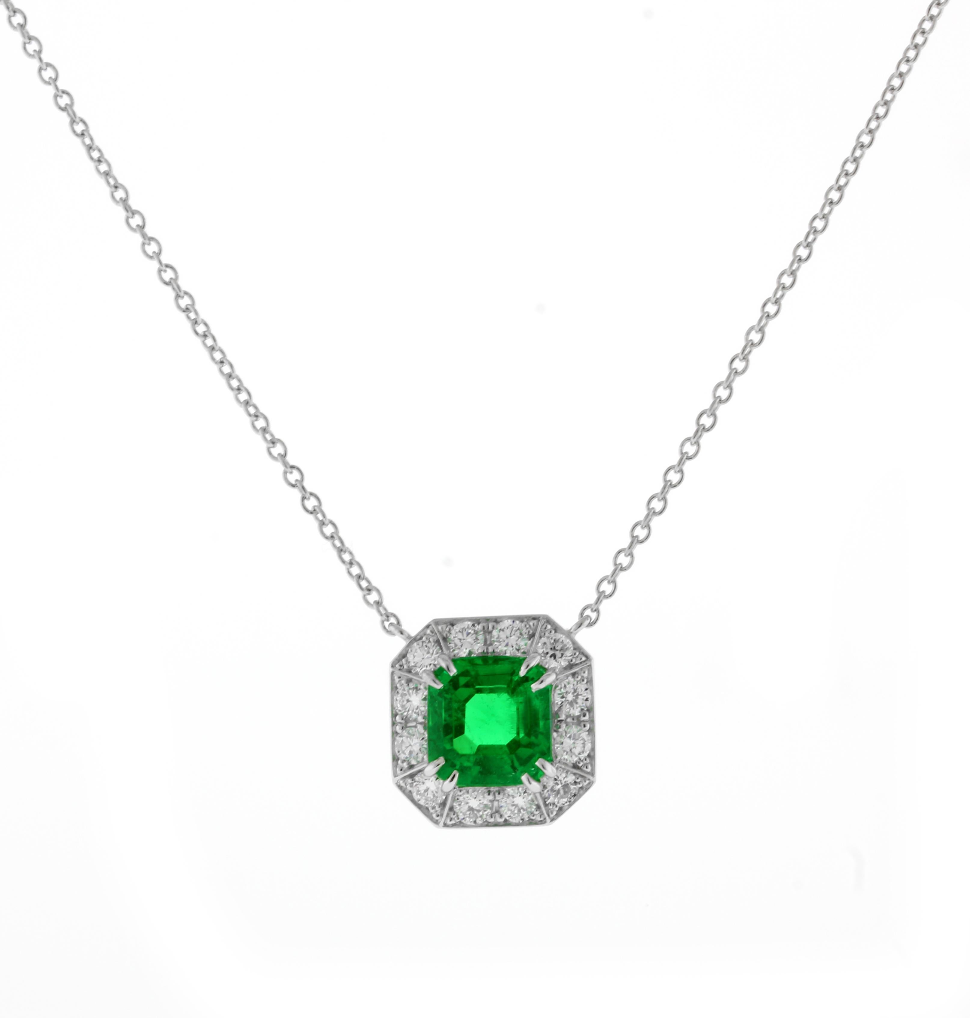 From the master jewelers of Pampillonia,  an A. G. L. certified Colombian emerald and diamond hand made pendant. The  A G L certificate state the emerald has only minor evidence of clarity enhancement by traditional methods.
♦ Designer:
