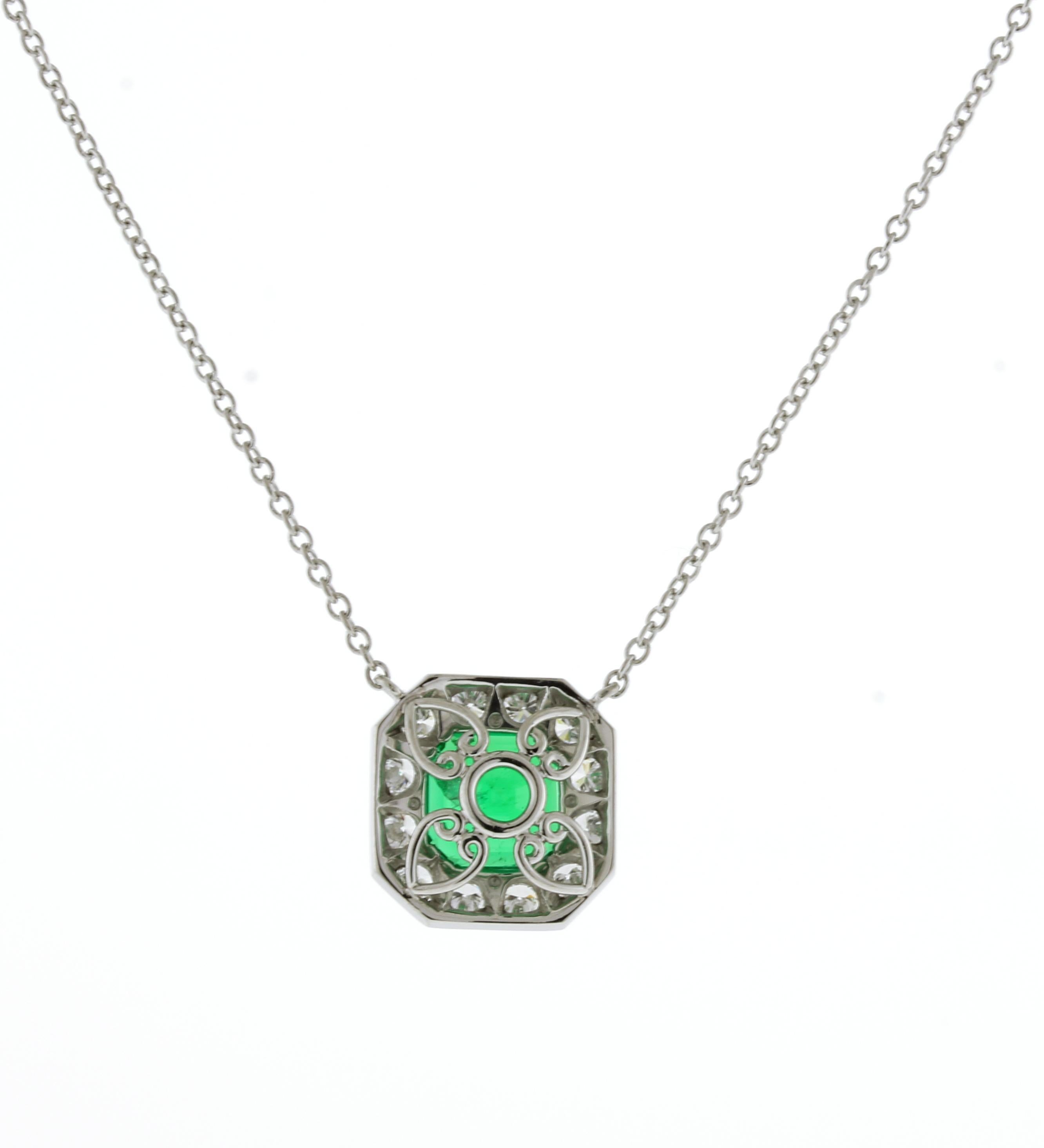 Emerald Cut Colombian Emerald and Diamond Pendant, by Pampillonia Jewelers For Sale
