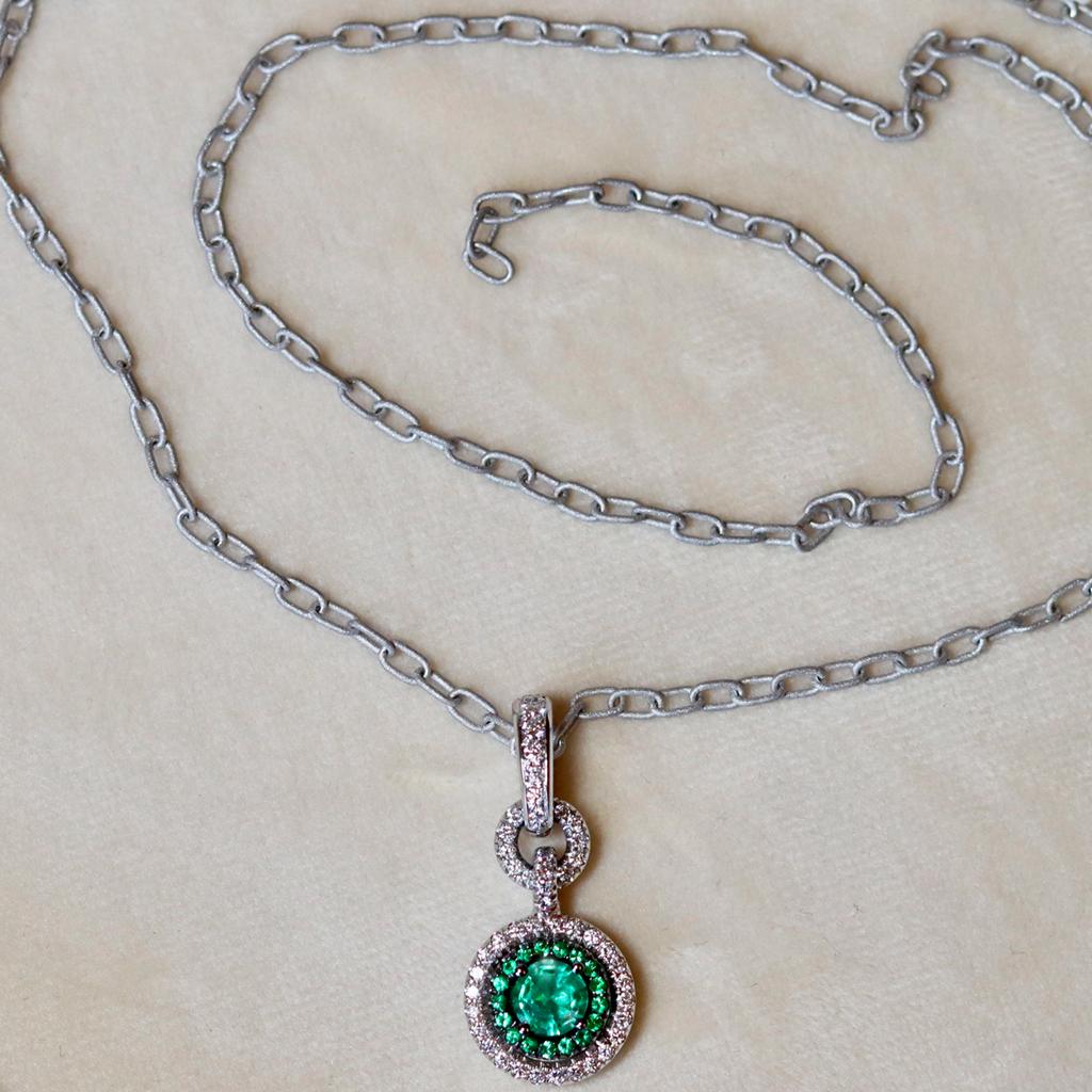 Round Cut Colombian Emerald and Diamond Pendant Enhancer Bail & Matte Finish Necklace