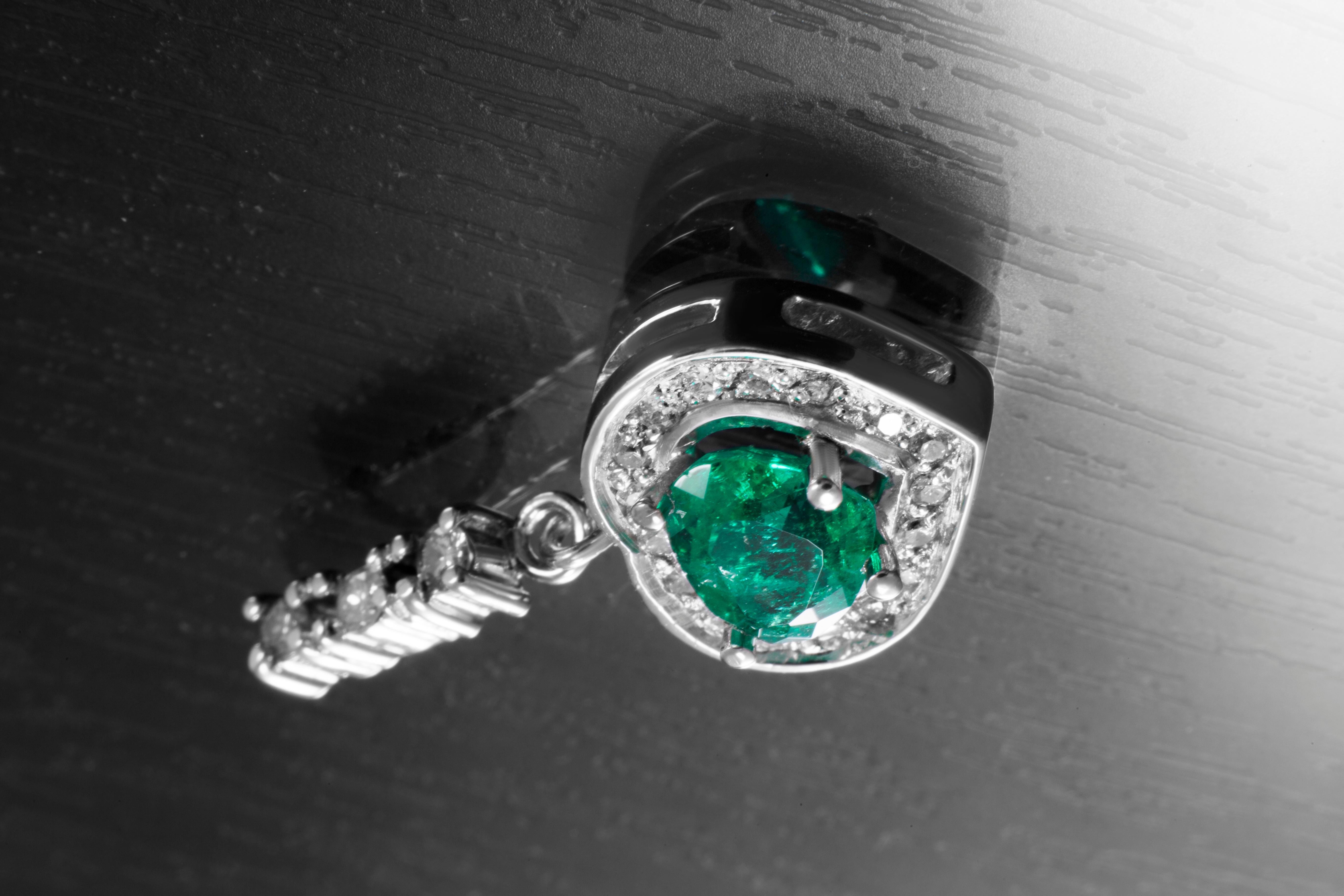 Emerald Cut Colombian Emerald and Diamond Pendant Set in White Gold For Sale