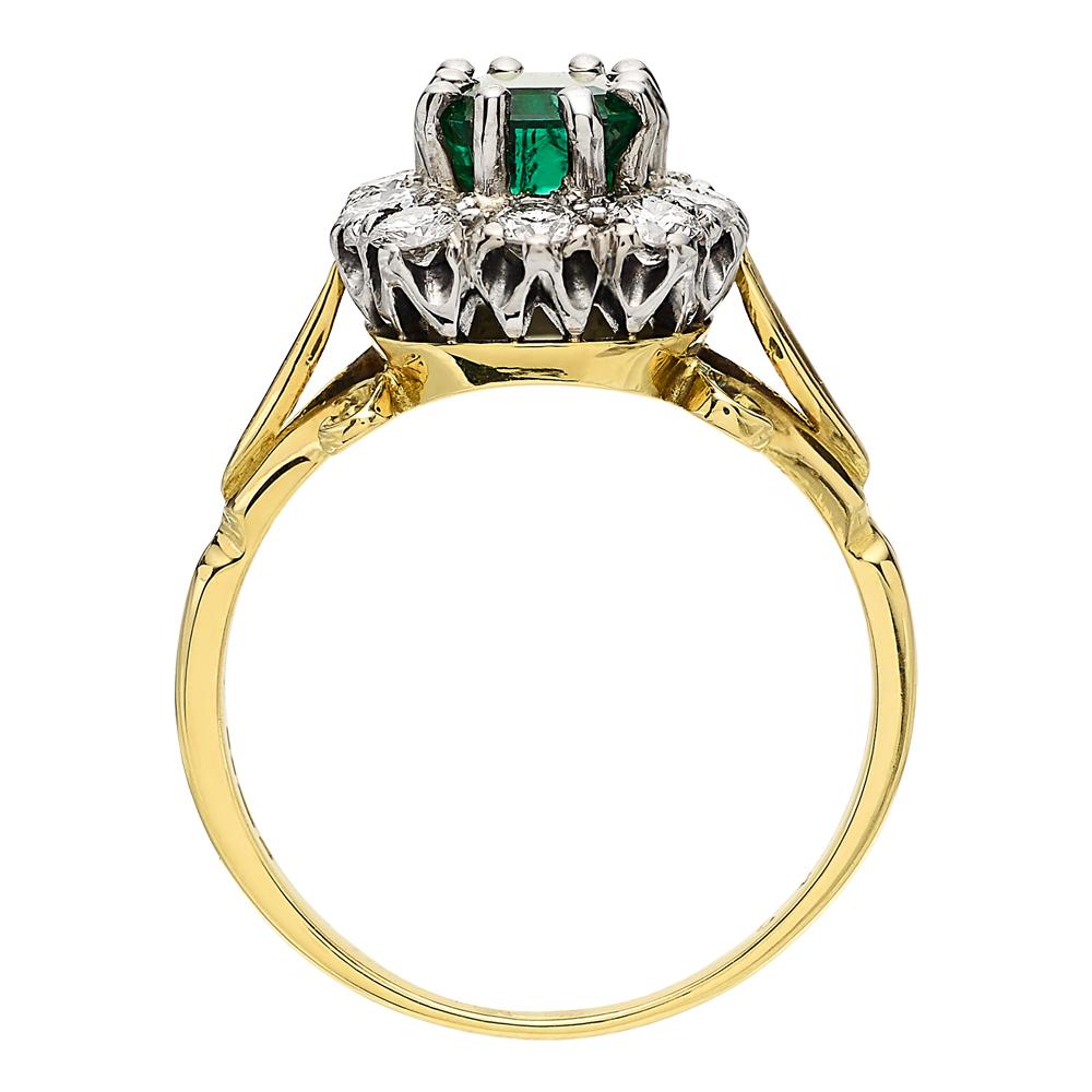 Emerald Cut Colombian Emerald and Diamond Rectangular Cluster Ring Vintage 18 Carat Gold  