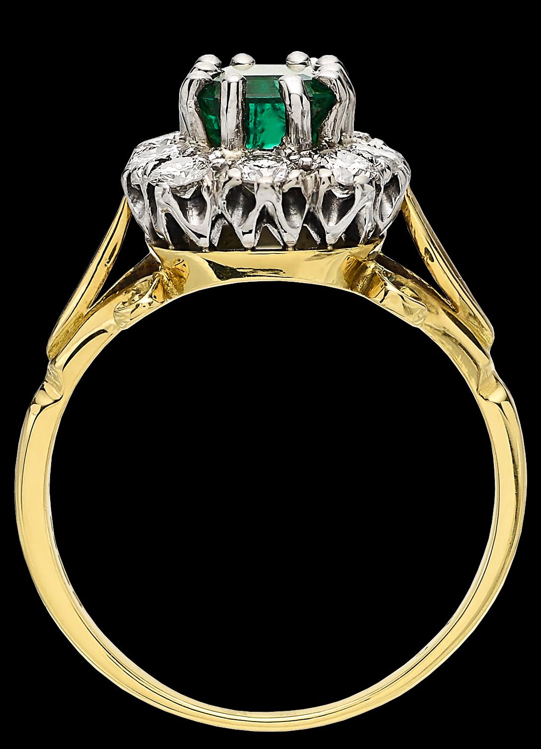 Women's Colombian Emerald and Diamond Rectangular Cluster Ring Vintage 18 Carat Gold  