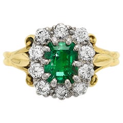 Colombian Emerald and Diamond Rectangular Cluster Ring Vintage 18 Carat Gold  