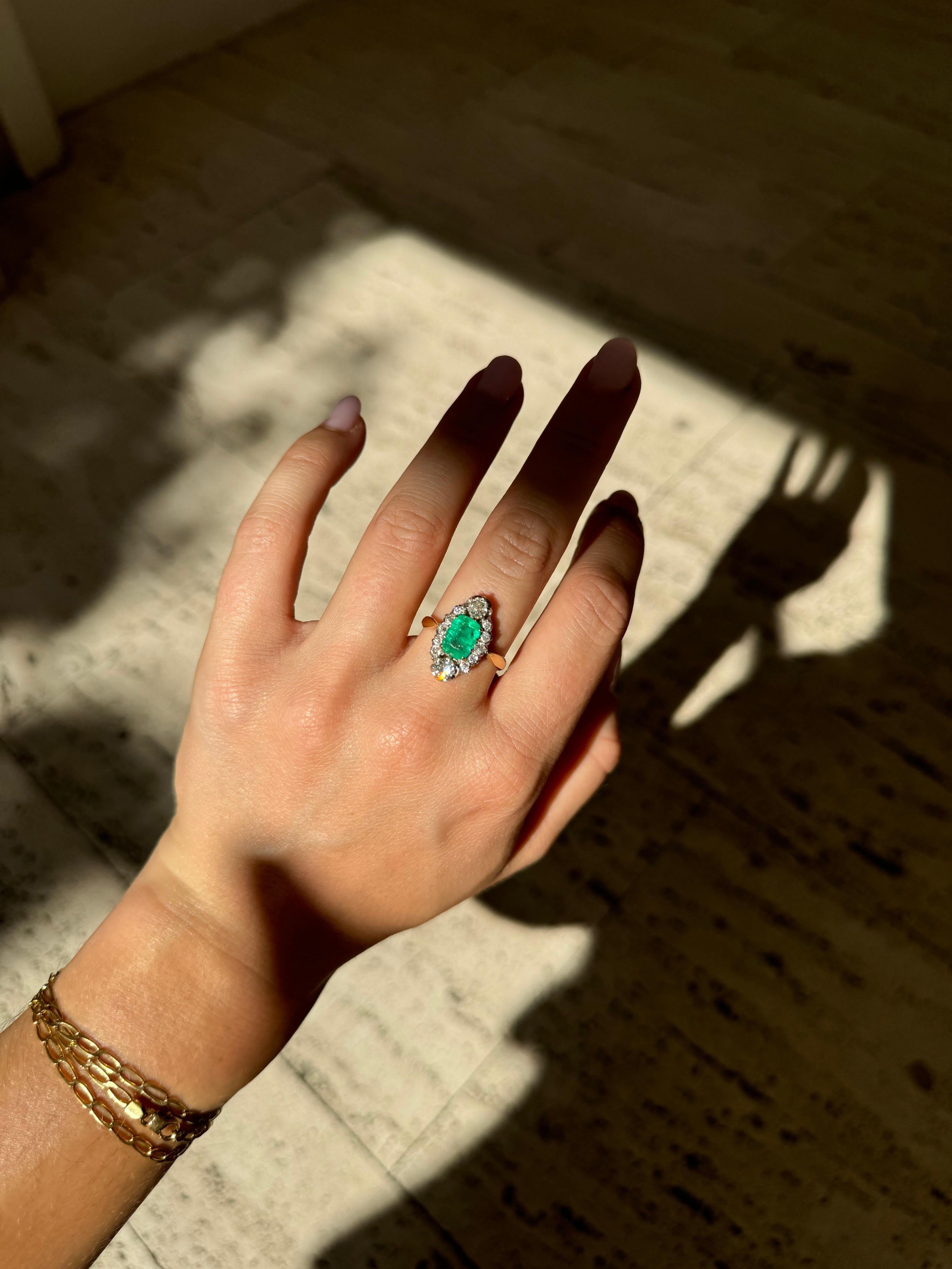 Antique Cushion Cut Colombian Emerald and diamond ring circa 1900 For Sale