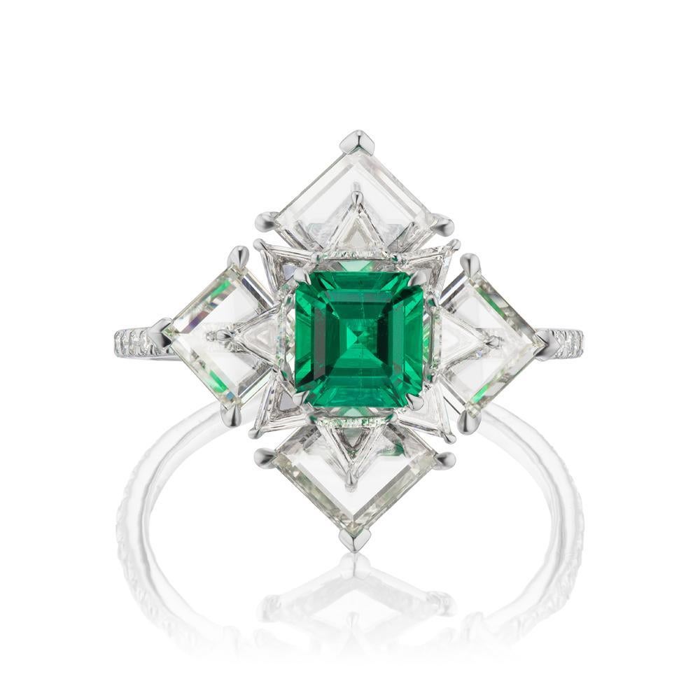 COLOMBIAN EMERALD AND DIAMOND RING
A dynamic platinum setting adds extra color and texture to a beautiful
emerald and diamond ring. Emerald is Colombian and treated with No
Oil with AGL Certificate.
Item: # 03835
Metal: Platinum
Lab: Agl
Color