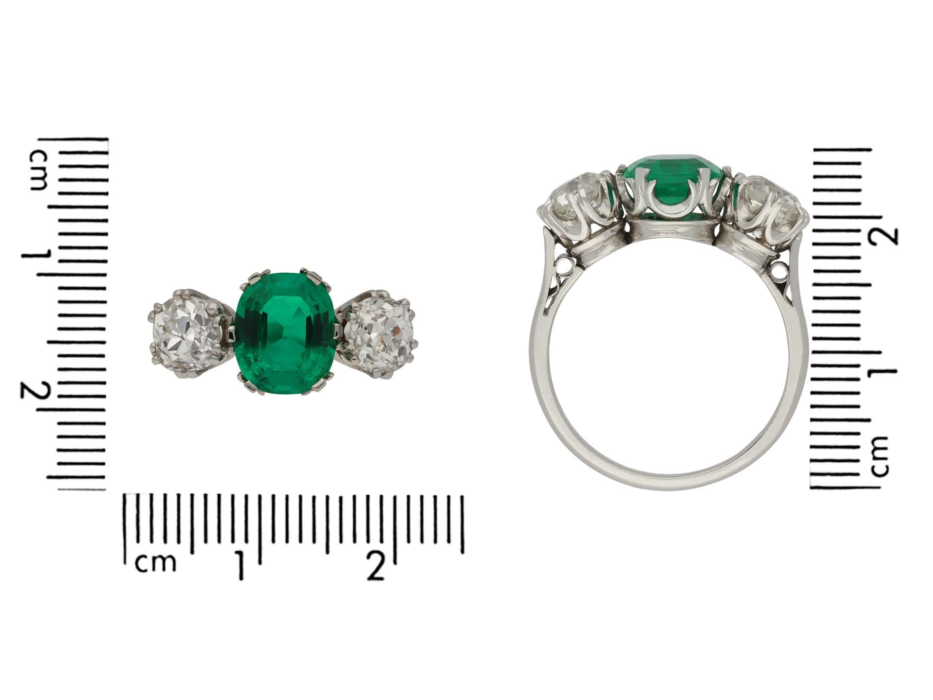 Antique Cushion Cut Colombian Emerald and Diamond Three-Stone Ring, circa 1910 For Sale