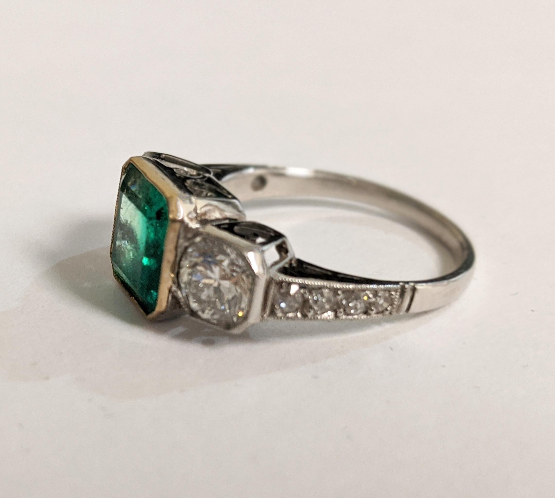 Square Cut Colombian Emerald and Diamond Three-Stone Ring