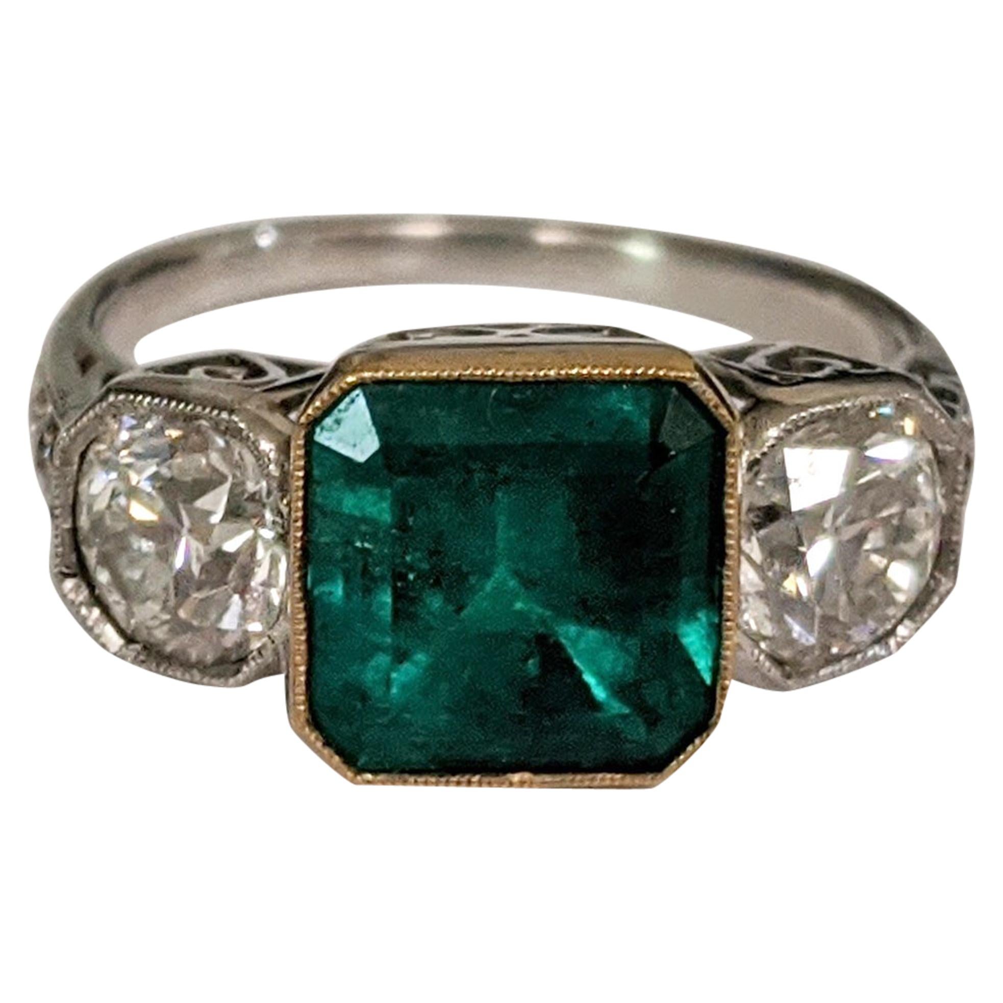 Colombian Emerald and Diamond Three-Stone Ring