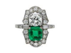 Colombian Emerald and Diamond Two-Stone Cluster Ring, American, circa 1935