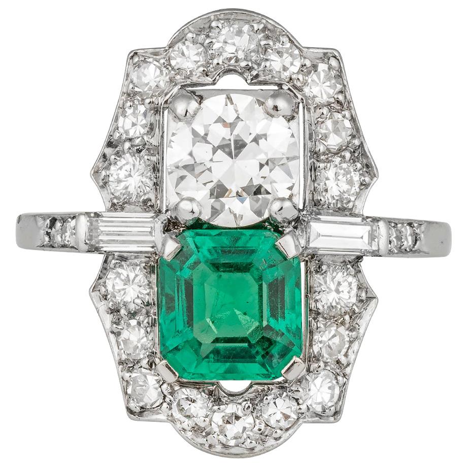 Colombian Emerald and Diamond Two-Stone Cluster Ring, American, circa 1935 For Sale