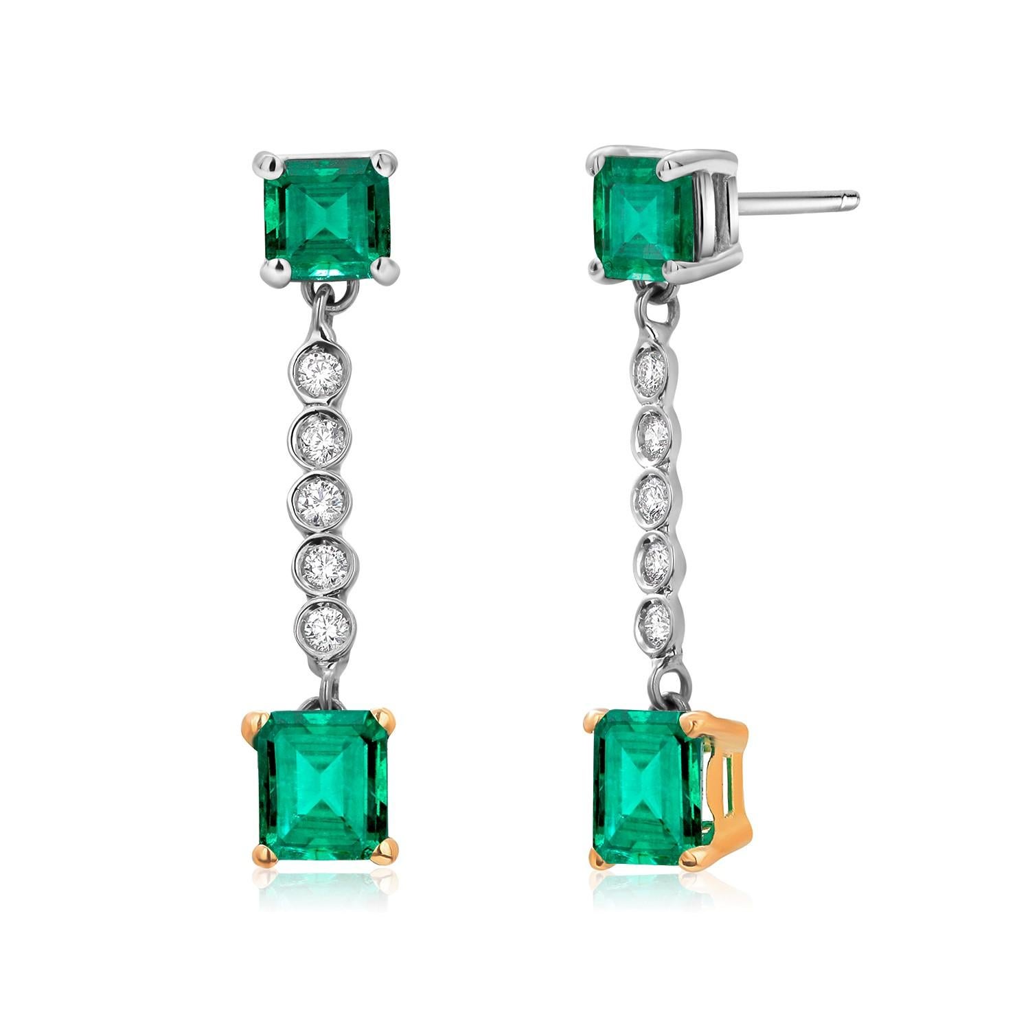 Emerald Cut Colombian Emerald and Diamond Two-Tier Gold Drop Earrings