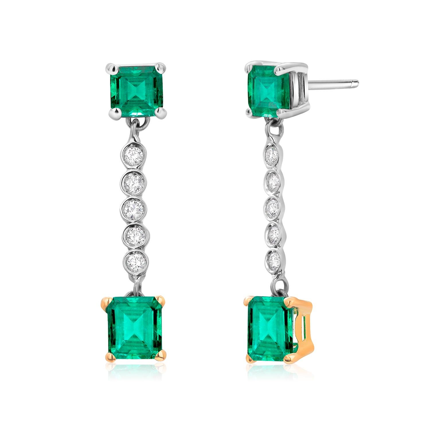 Women's or Men's Colombian Emerald and Diamond Two-Tier Gold Drop Earrings