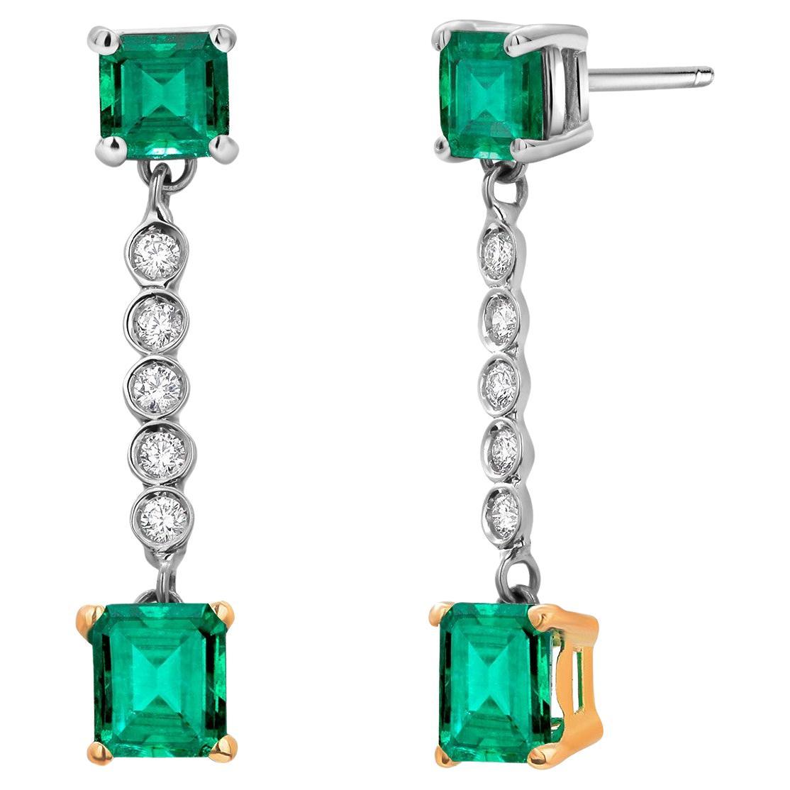 Colombian Emerald and Diamond Two-Tier Gold Drop Earrings