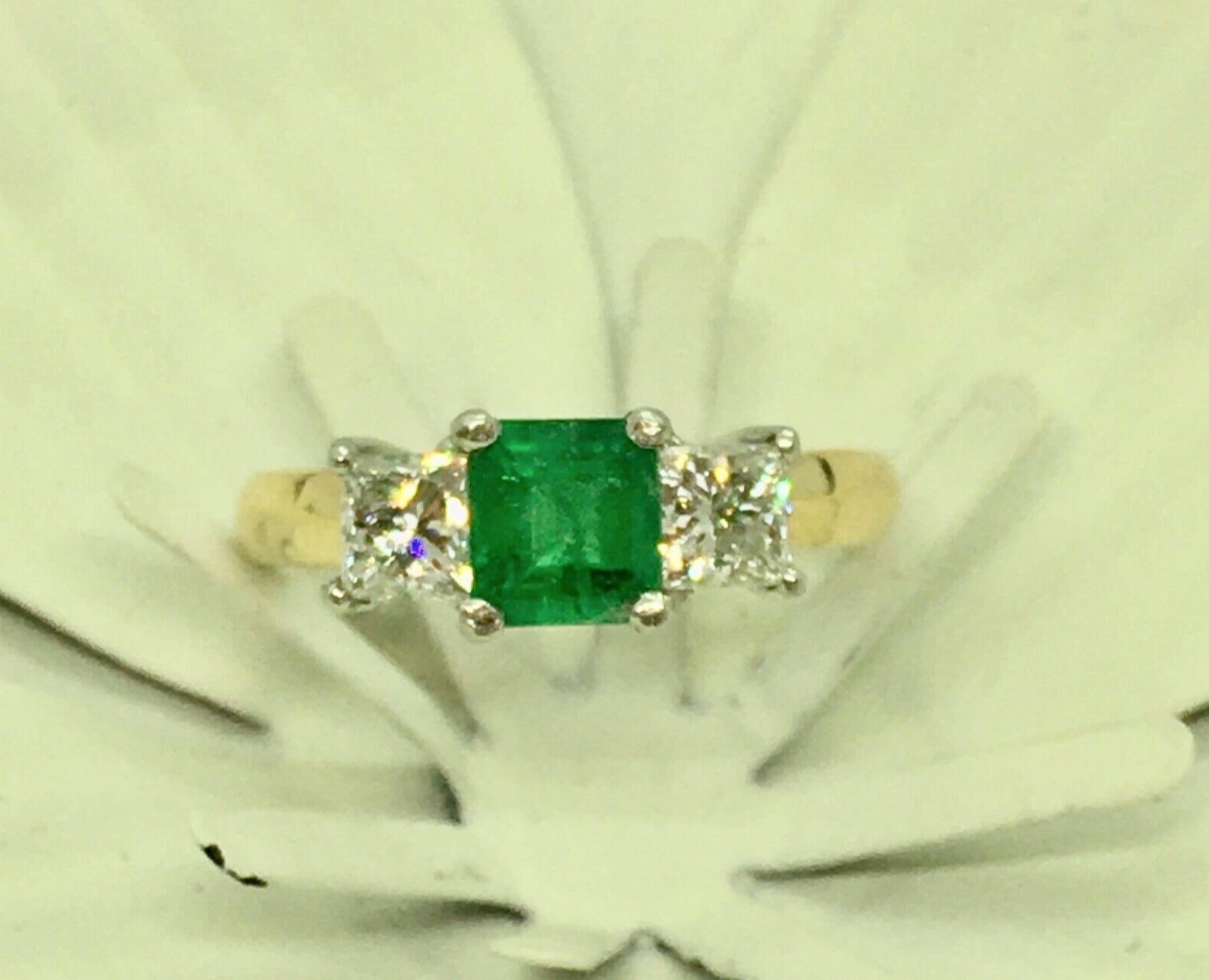 Princess Cut Colombian Emerald and Diamonds Platinum, 18 Karat Three-Stone Engagement Ring For Sale