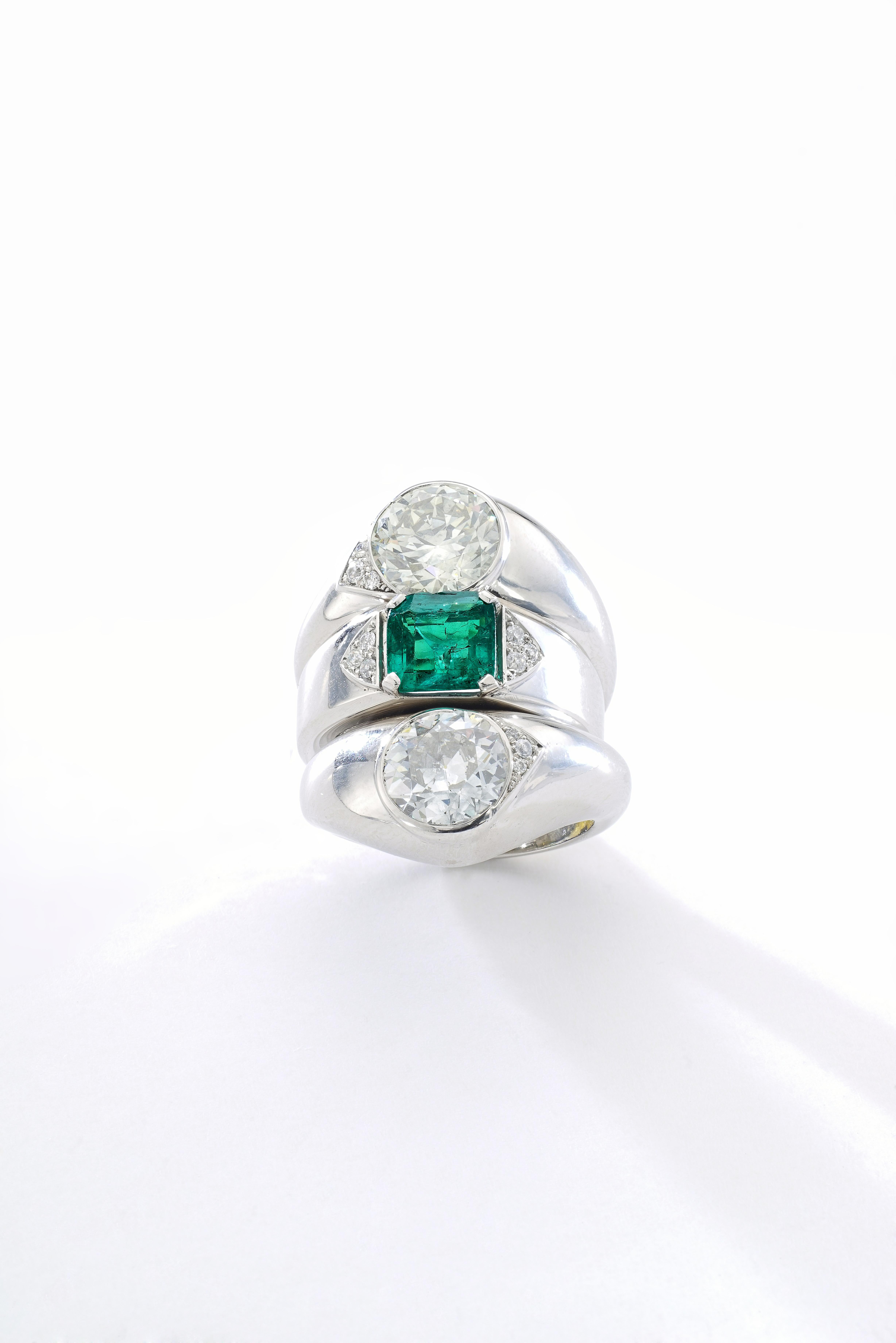 Art Deco Colombian Emerald and Diamonds Three Rings For Sale