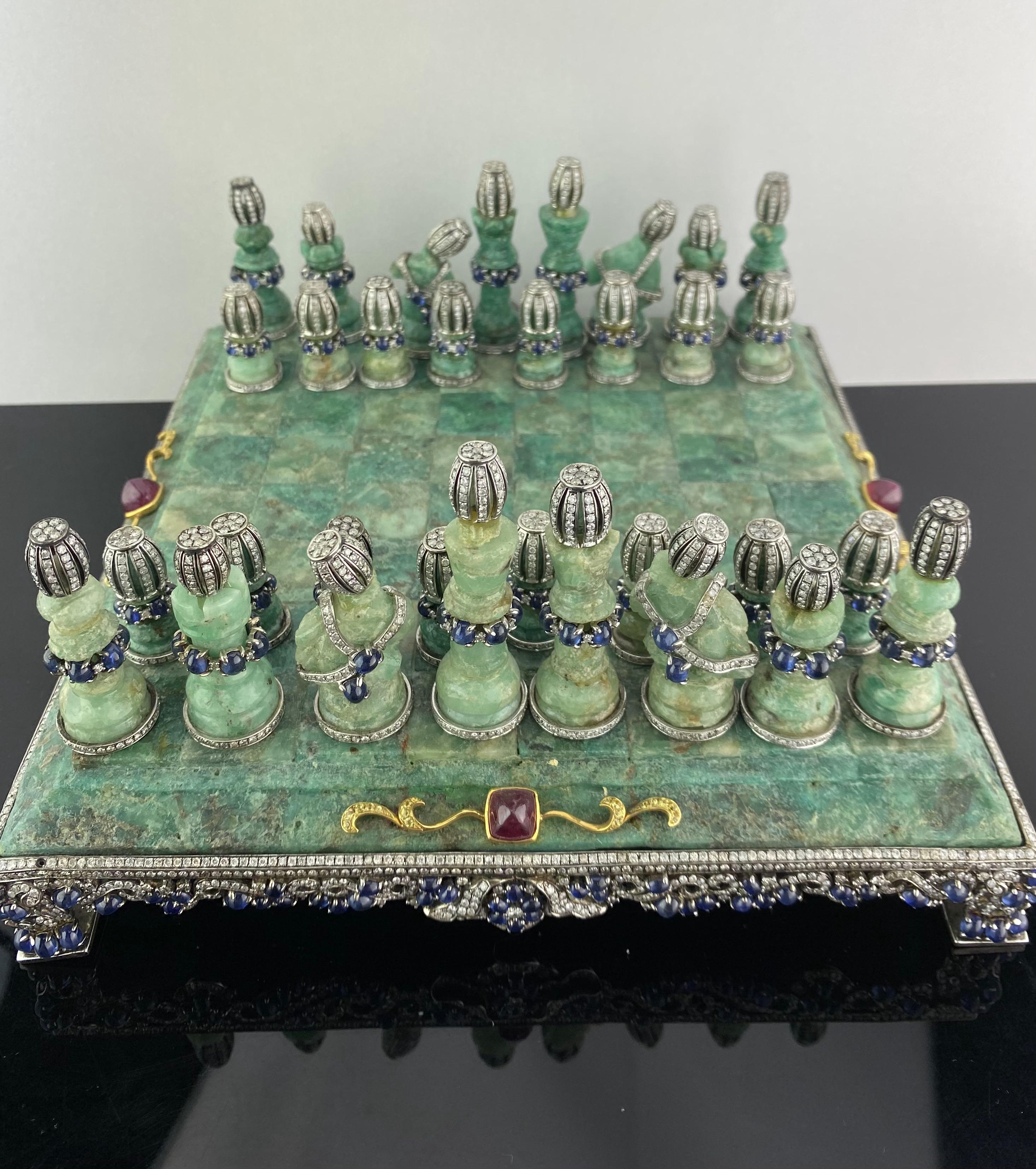 Art Deco Colombian Emerald and Gemstones Chess