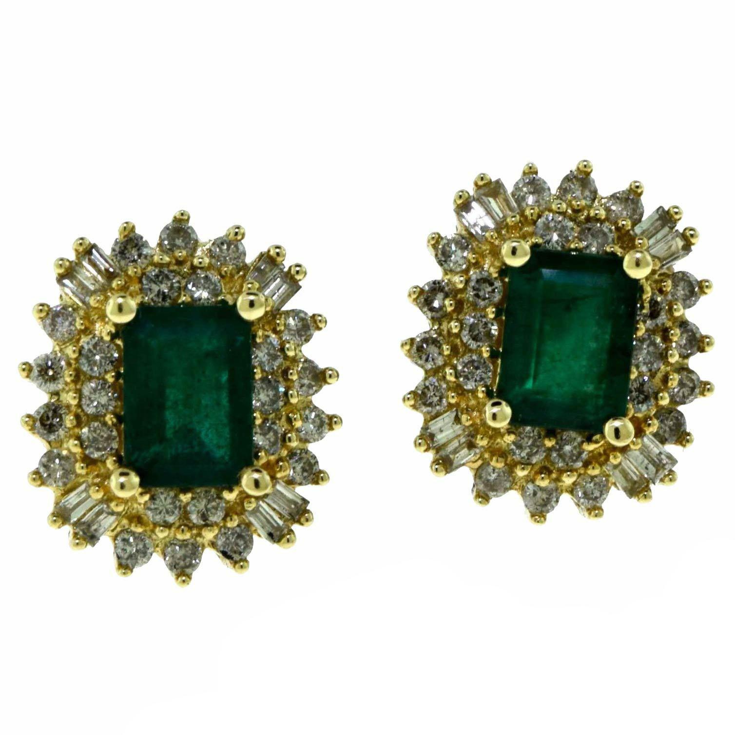 Women's or Men's Colombian Emerald and Round and Baguette Diamond Halo Stud Earrings