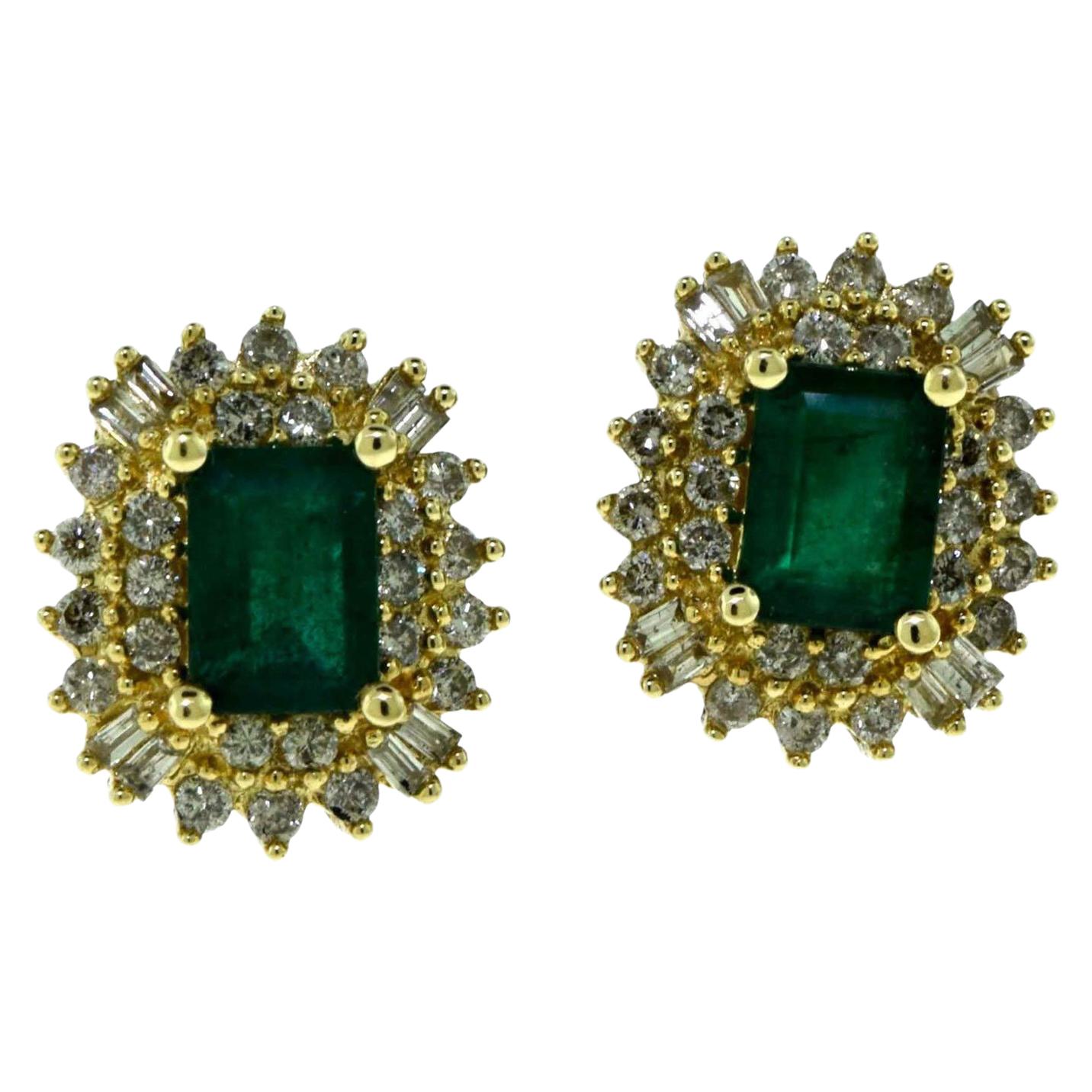 Colombian Emerald and Round and Baguette Diamond Halo Stud Earrings