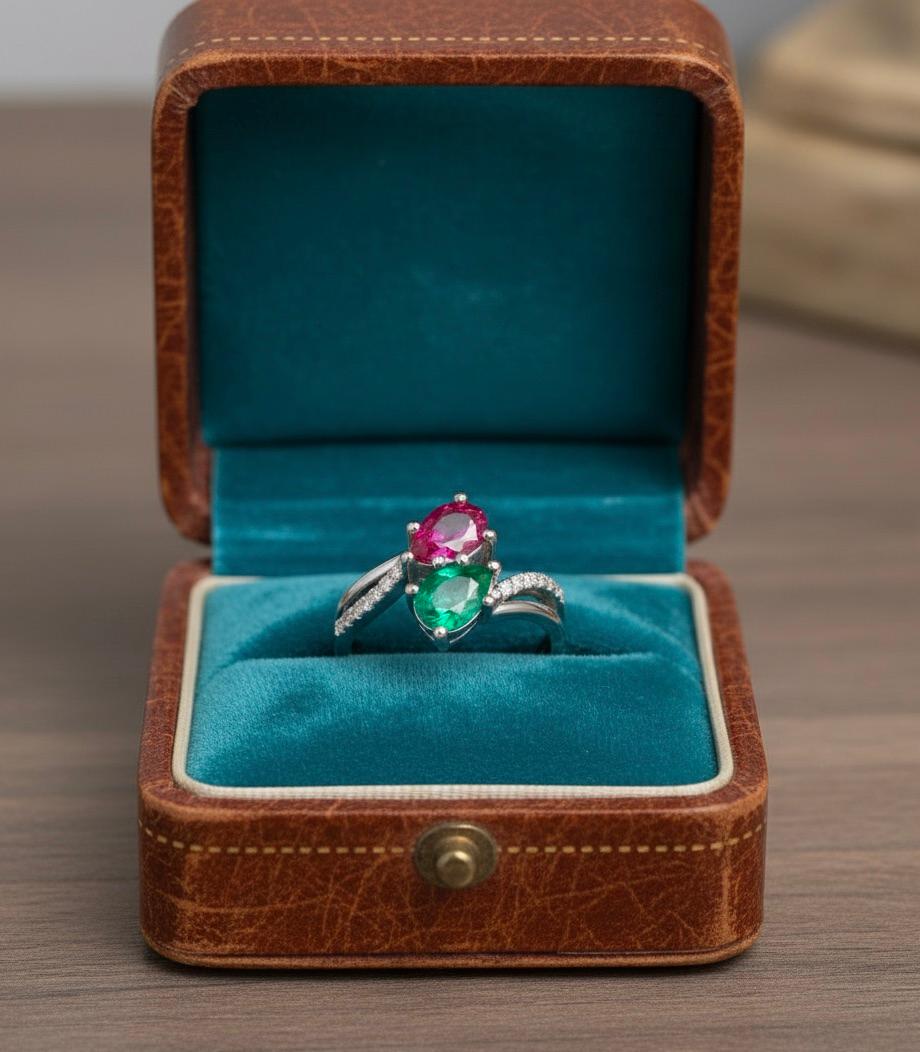 Kolumbianischer Bypass-Ring mit Smaragd und Rubin „Toi Et Moi“ (Art déco) im Angebot