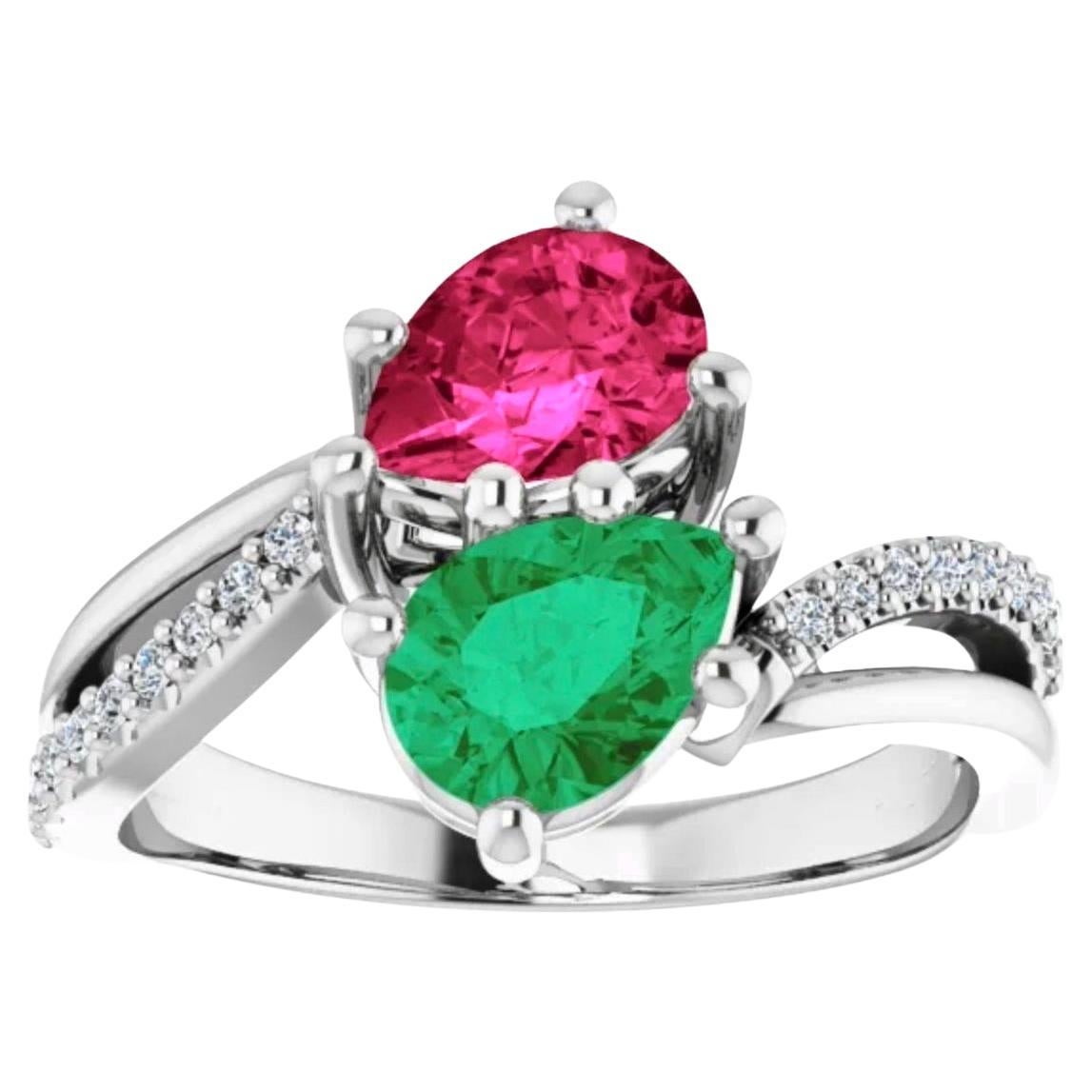 Colombian Emerald and Ruby Bypass "Toi Et Moi" Ring For Sale