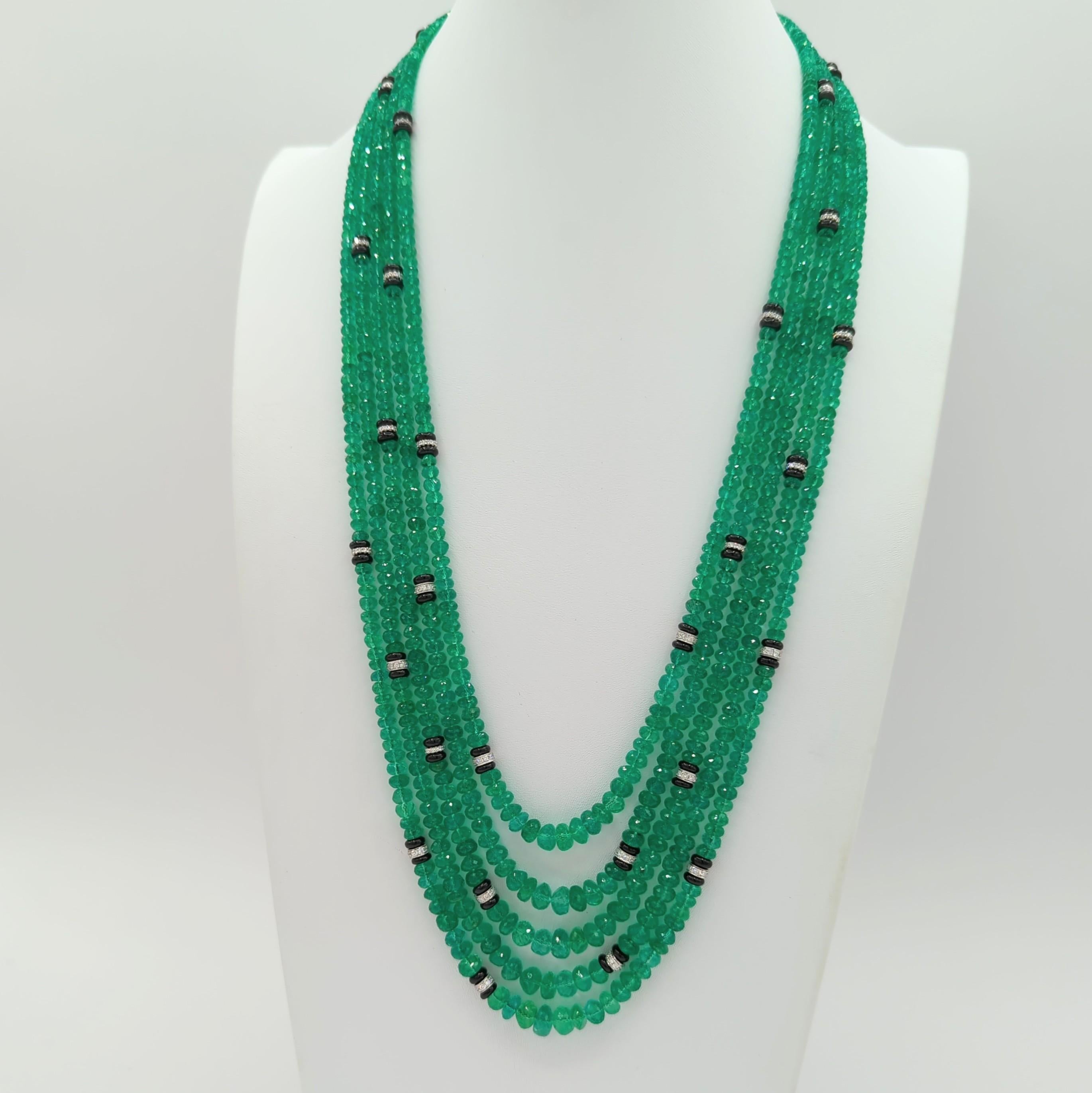 Colombian Emerald and White Diamond Bead Necklace in 18K White Gold In New Condition For Sale In Los Angeles, CA