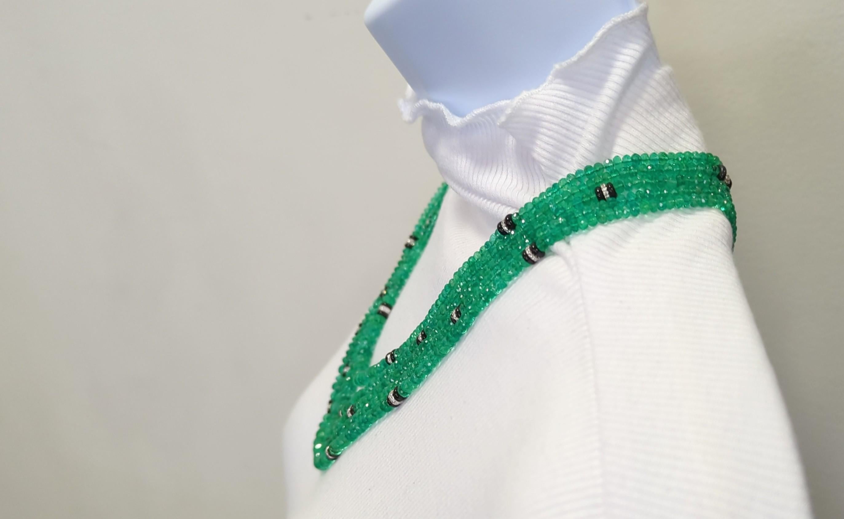 Women's or Men's Colombian Emerald and White Diamond Bead Necklace in 18K White Gold For Sale
