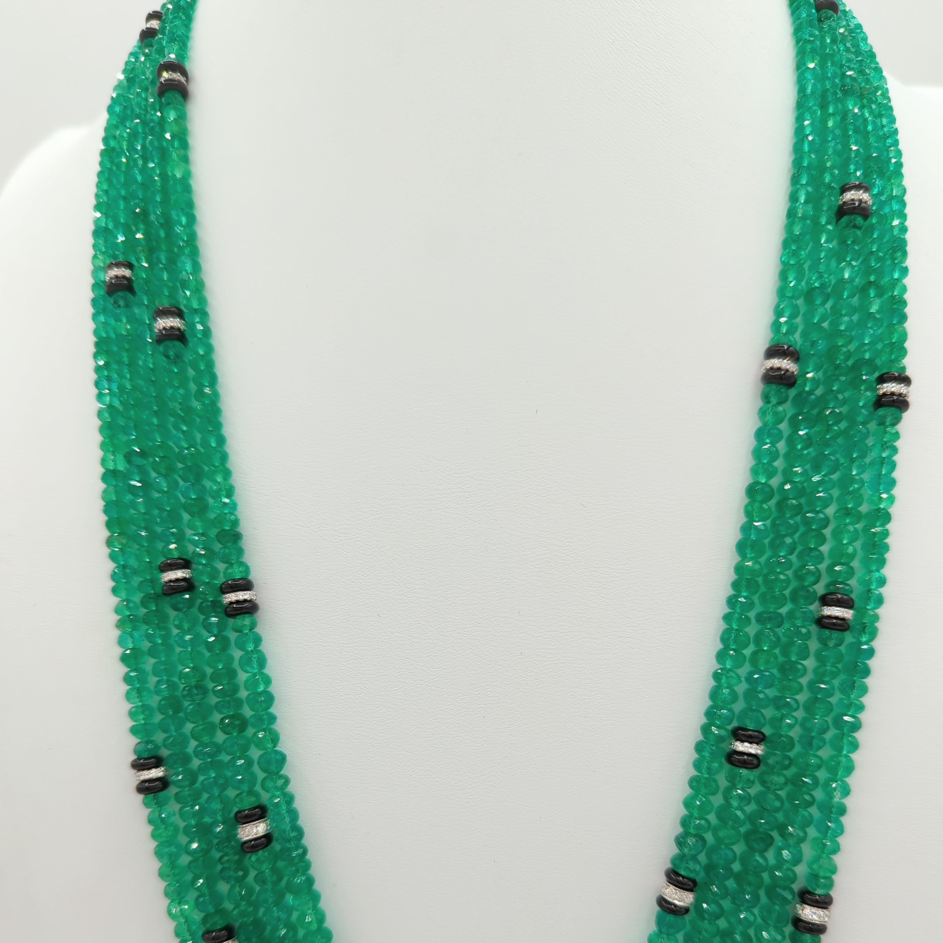 Colombian Emerald and White Diamond Bead Necklace in 18K White Gold For Sale 1