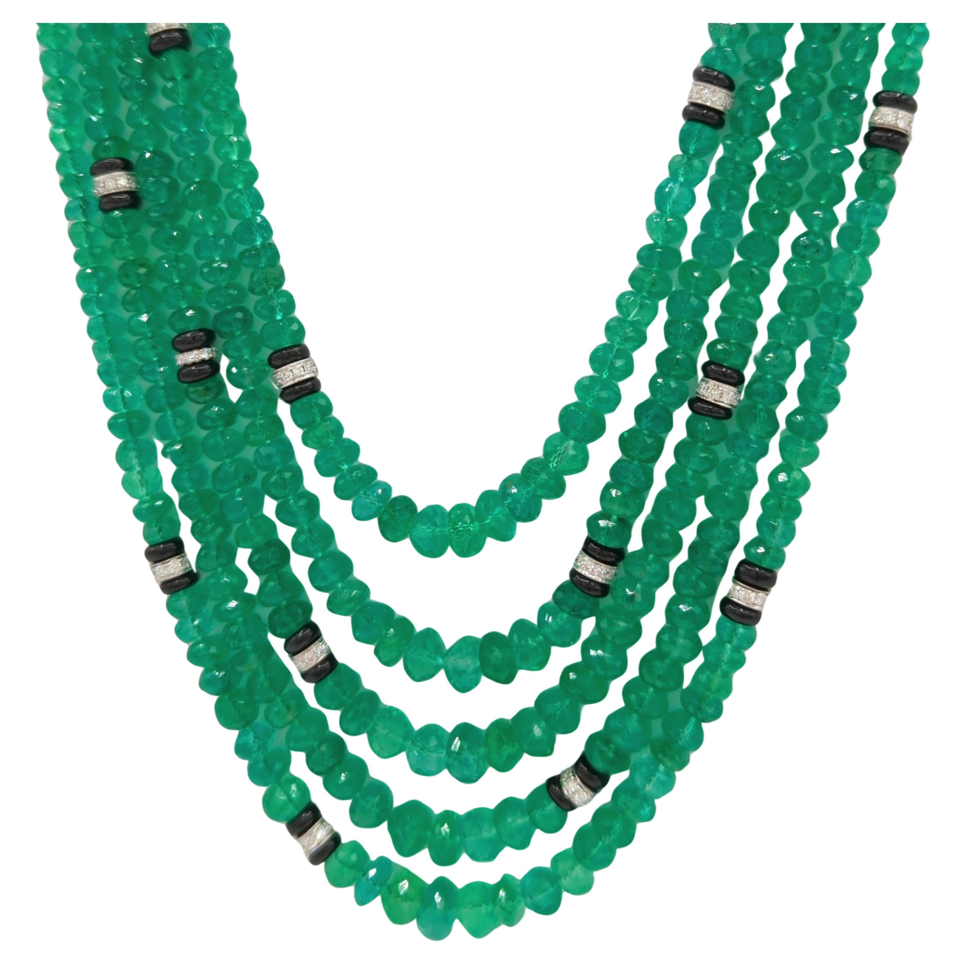 Colombian Emerald and White Diamond Bead Necklace in 18K White Gold For Sale