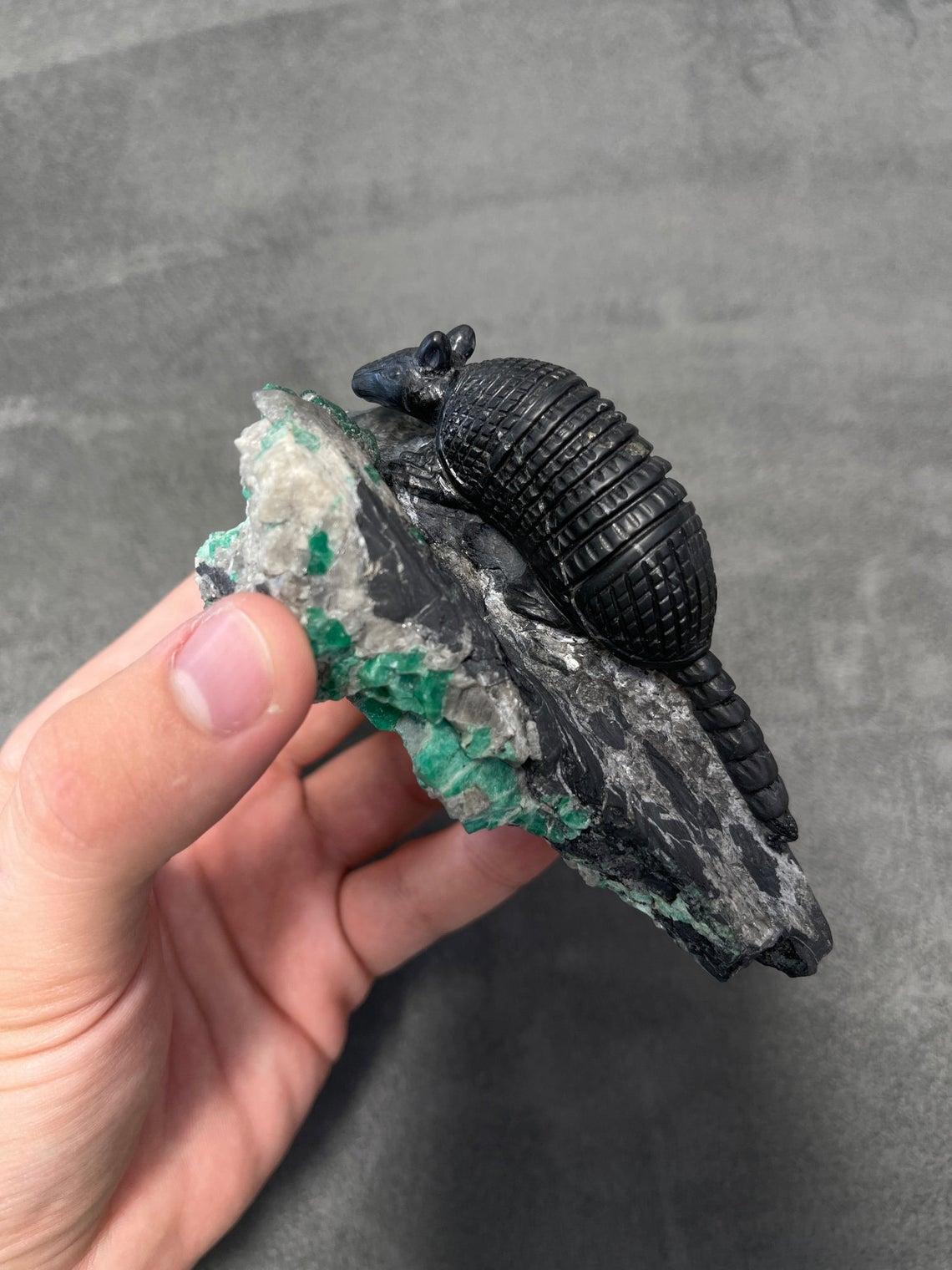 Colombian Emerald Armadillo Rough Crystal Sculpture For Sale 1