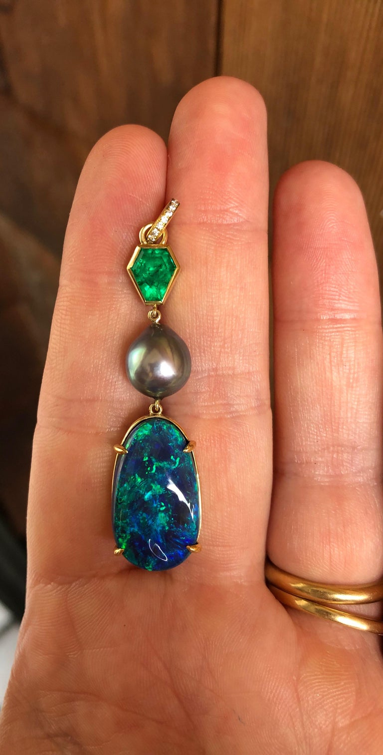 Colombian Emerald, Australian Opal and Sea of Cortez Pearl Pendant Necklace In New Condition For Sale In Berkeley, CA