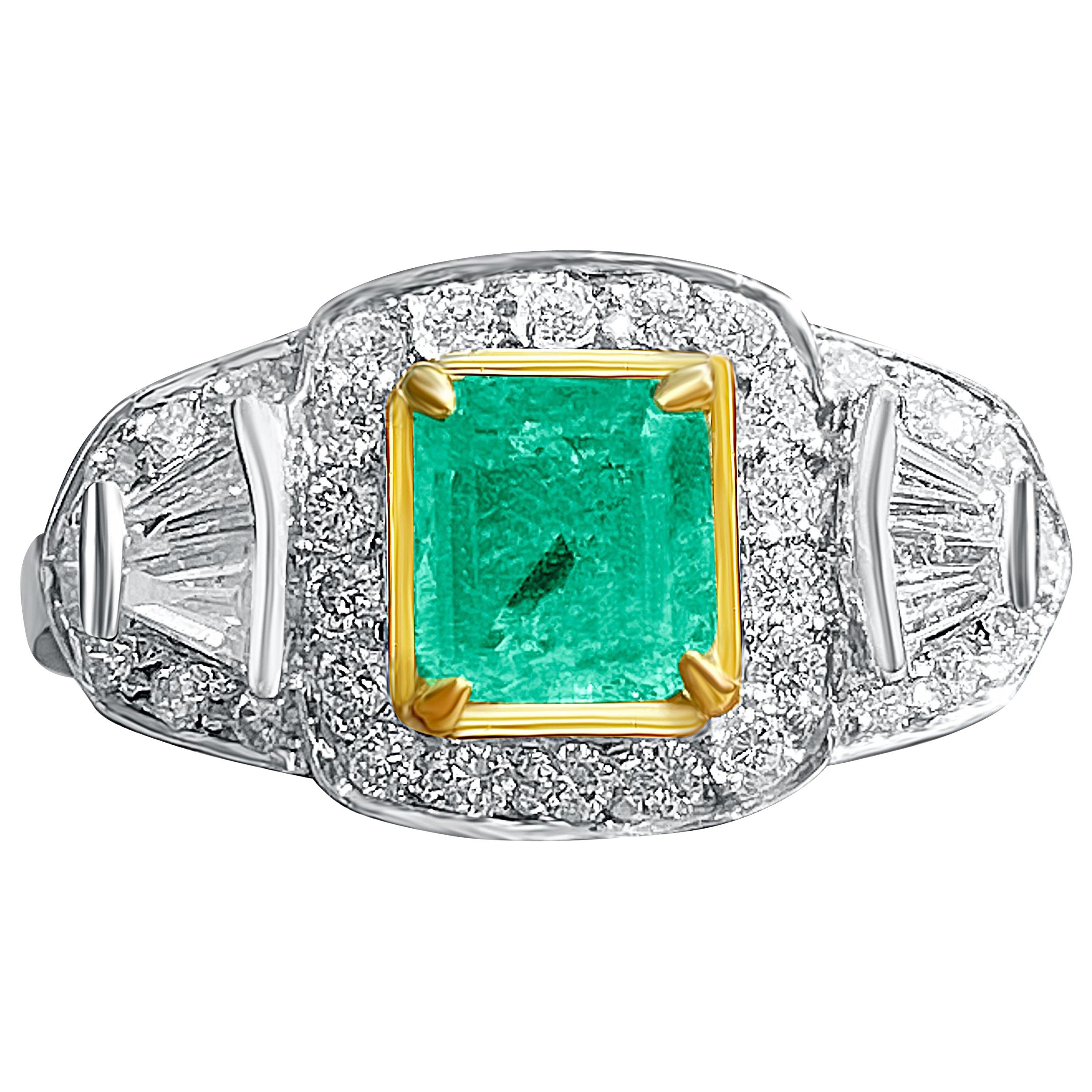 Colombian Emerald, Baguette-Cut Diamonds, and 18 Karat White Gold Ring