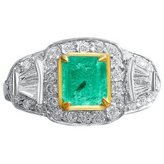Colombian Emerald, Baguette-Cut Diamonds, and 18 Karat White Gold Ring