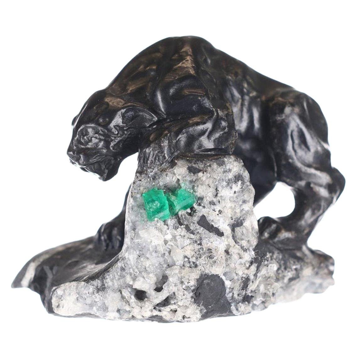 Colombian Emerald Black Panther Rough Crystal Sculpture For Sale