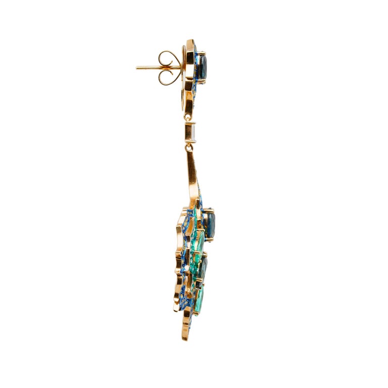 Modern Colombian Emerald, Blue Sapphire & Diamond Earrings, 18K Gold, Austy Lee For Sale
