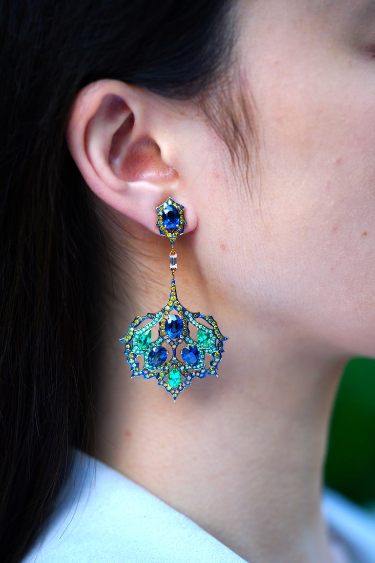 Mixed Cut Colombian Emerald, Blue Sapphire & Diamond Earrings, 18K Gold, Austy Lee For Sale