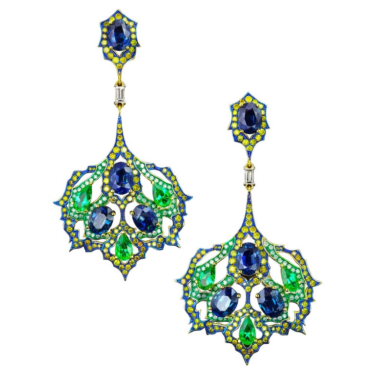 Colombian Emerald, Blue Sapphire & Diamond Earrings, 18K Gold, Austy Lee For Sale