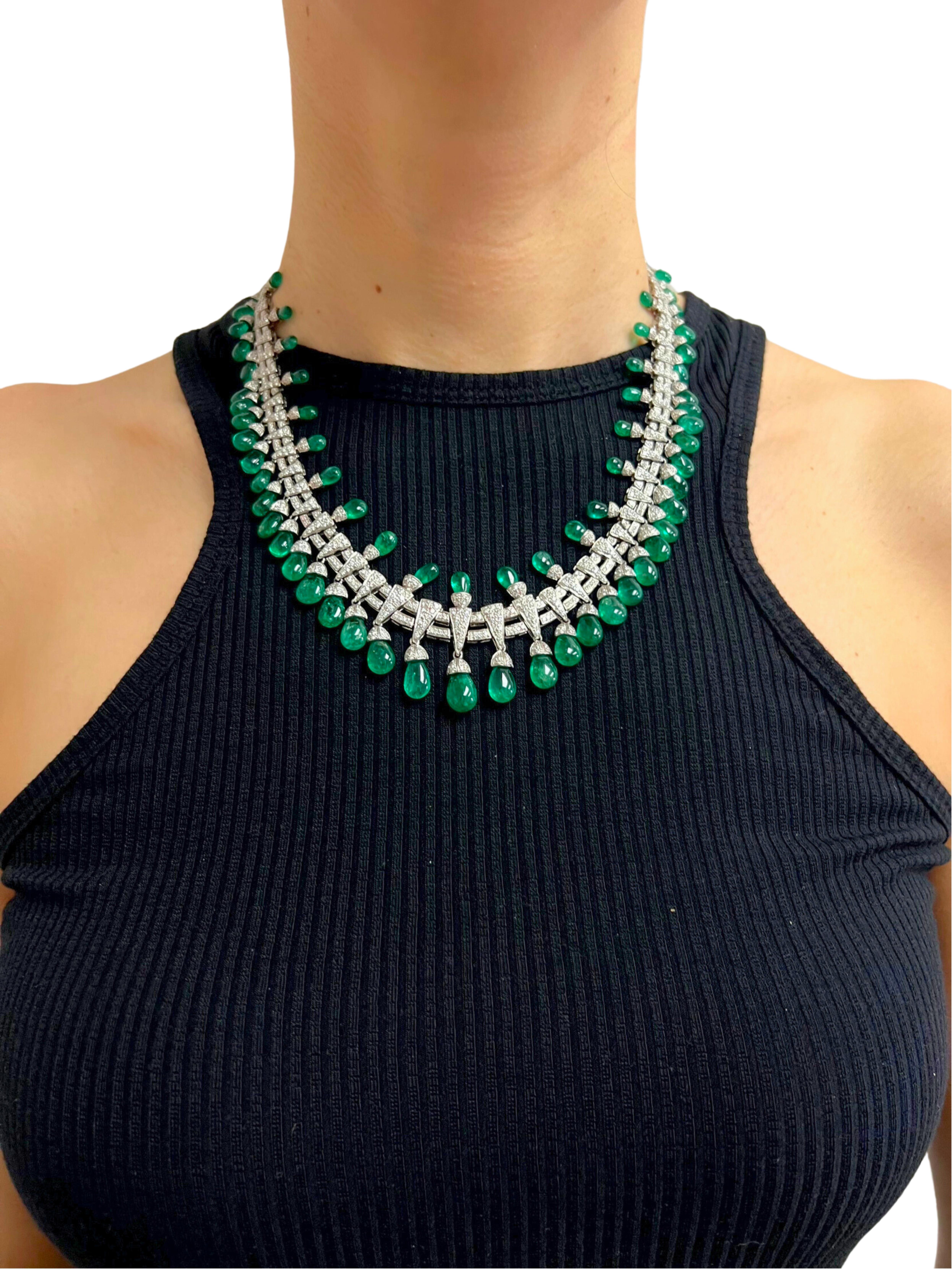 Modern Colombian Emerald Briolette Drops Diamond Pave Princess Necklace For Sale