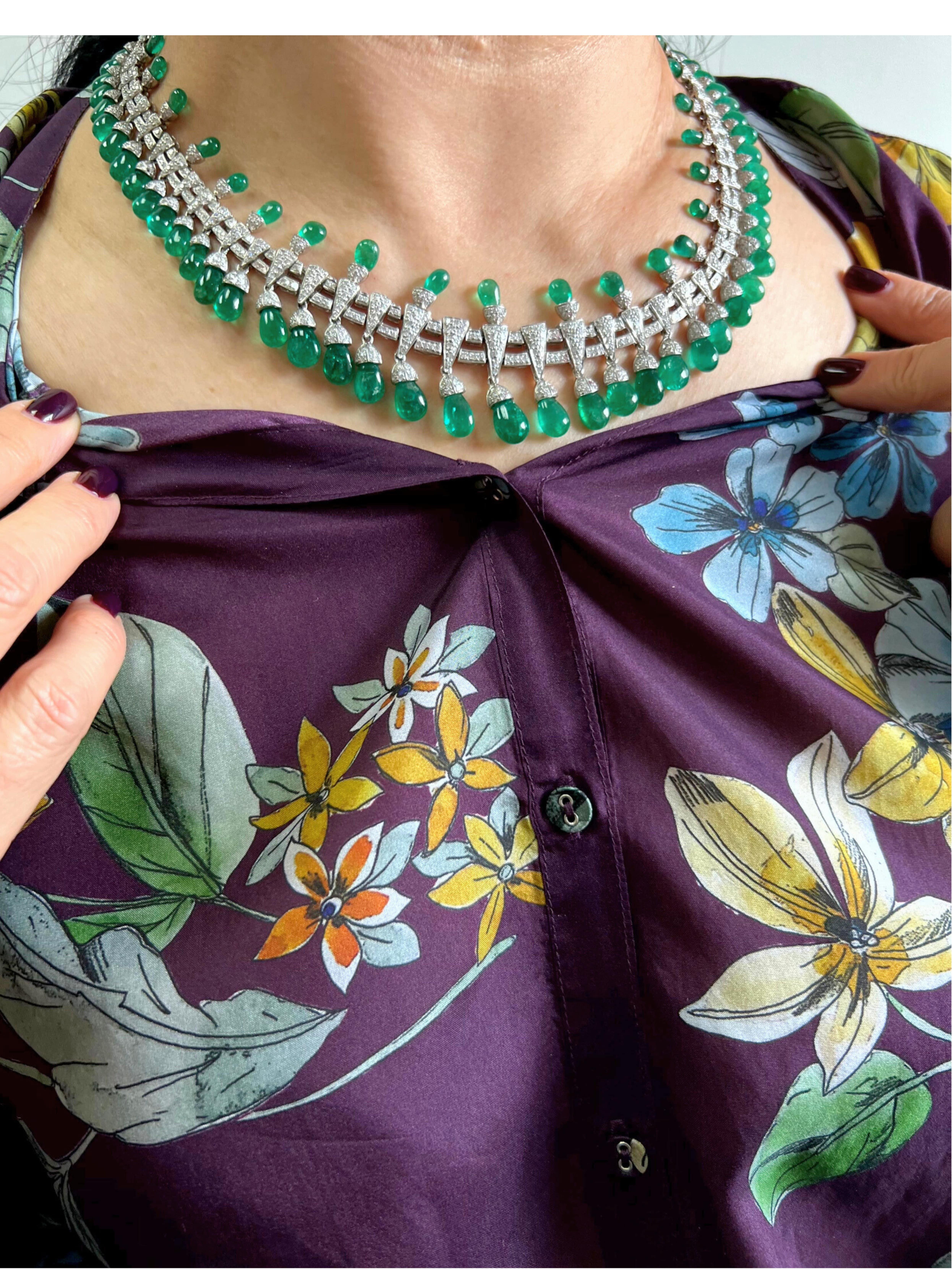 Briolette Cut Colombian Emerald Briolette Drops Diamond Pave Princess Necklace For Sale