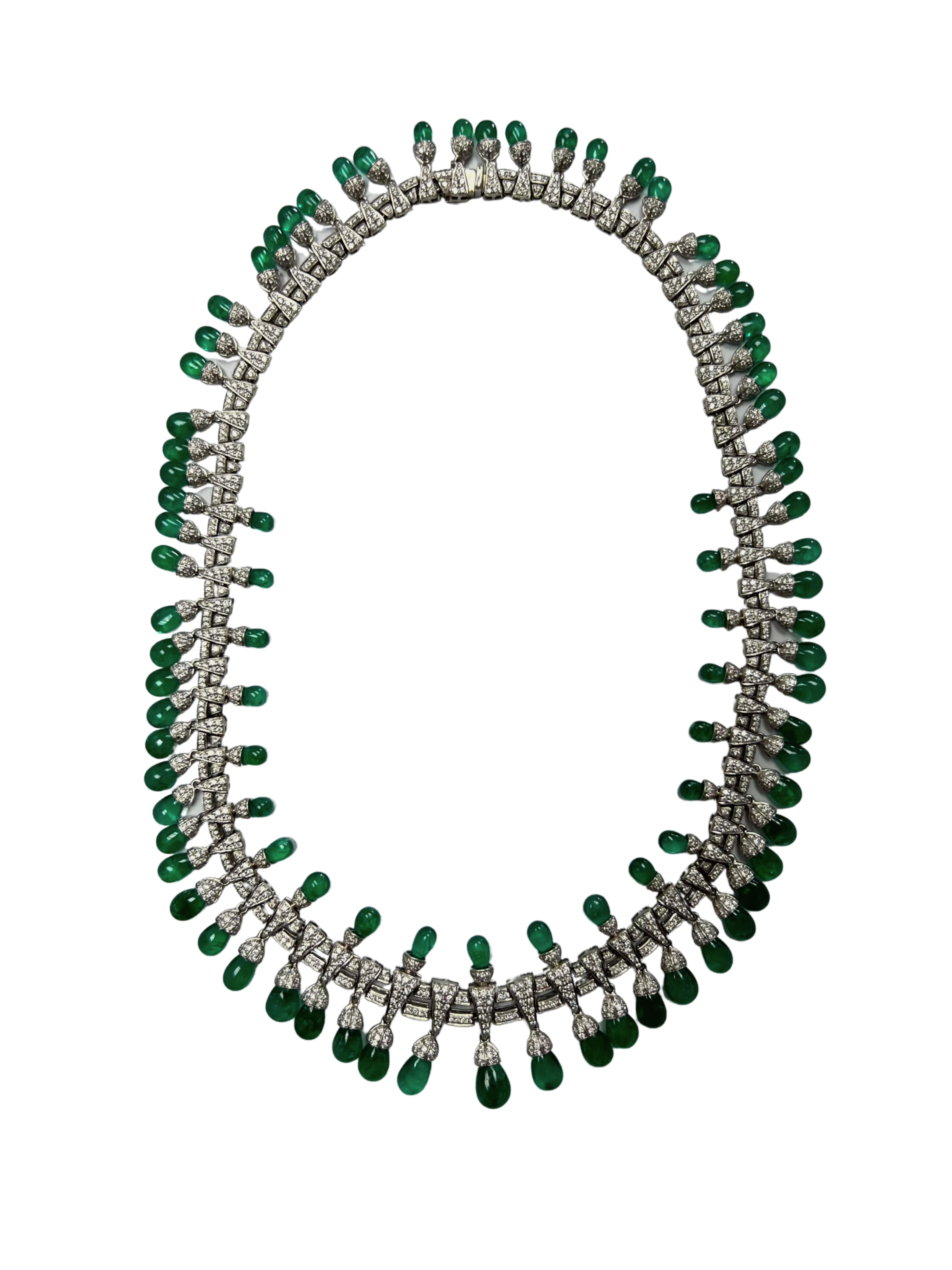 Colombian Emerald Briolette Drops Diamond Pave Princess Necklace In Good Condition For Sale In Fairfax, VA