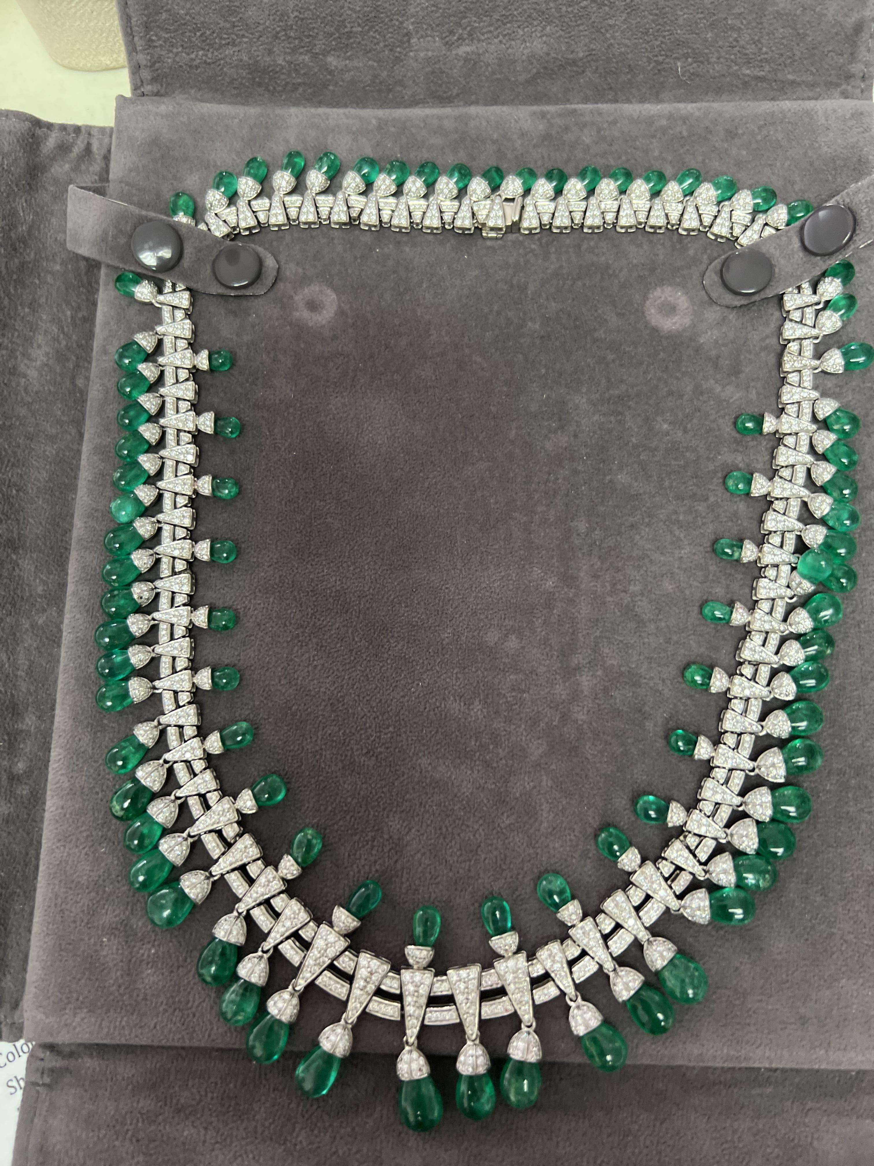 Women's or Men's Colombian Emerald Briolette Drops Diamond Pave Princess Necklace For Sale