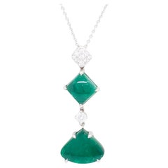 Colombian Emerald Cabochon and Diamond Pendant Necklace in 18k White Gold