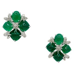 Colombian Emerald Cabochon and White Diamond Earrings in 18K White Gold