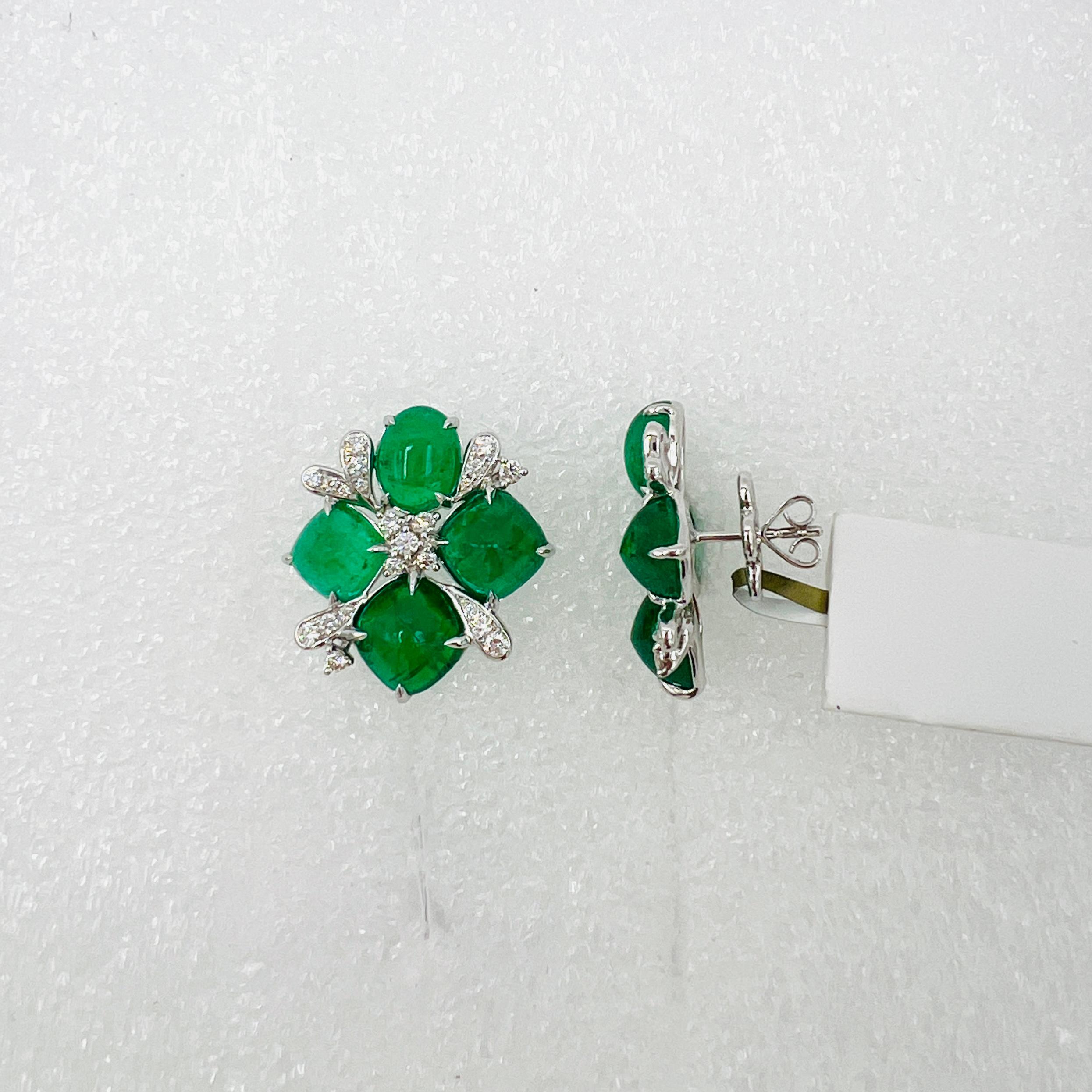 Kolumbianische Smaragd-Cabochon- und weiße Diamant-Ohrringe aus 18 Karat Weißgold 2