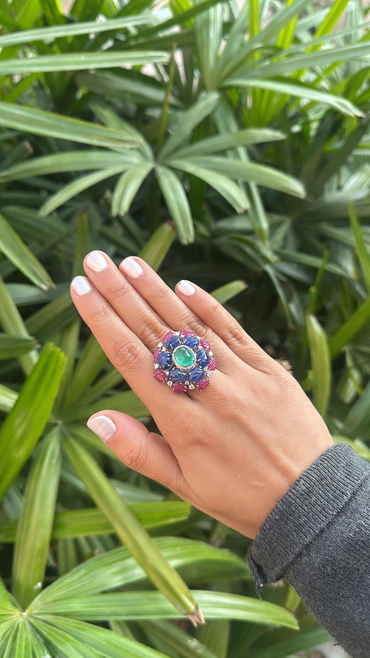 Cabochon Colombian Emerald cabochon, carved Blue Sapphires, Ruby & Diamond Cocktail Ring For Sale