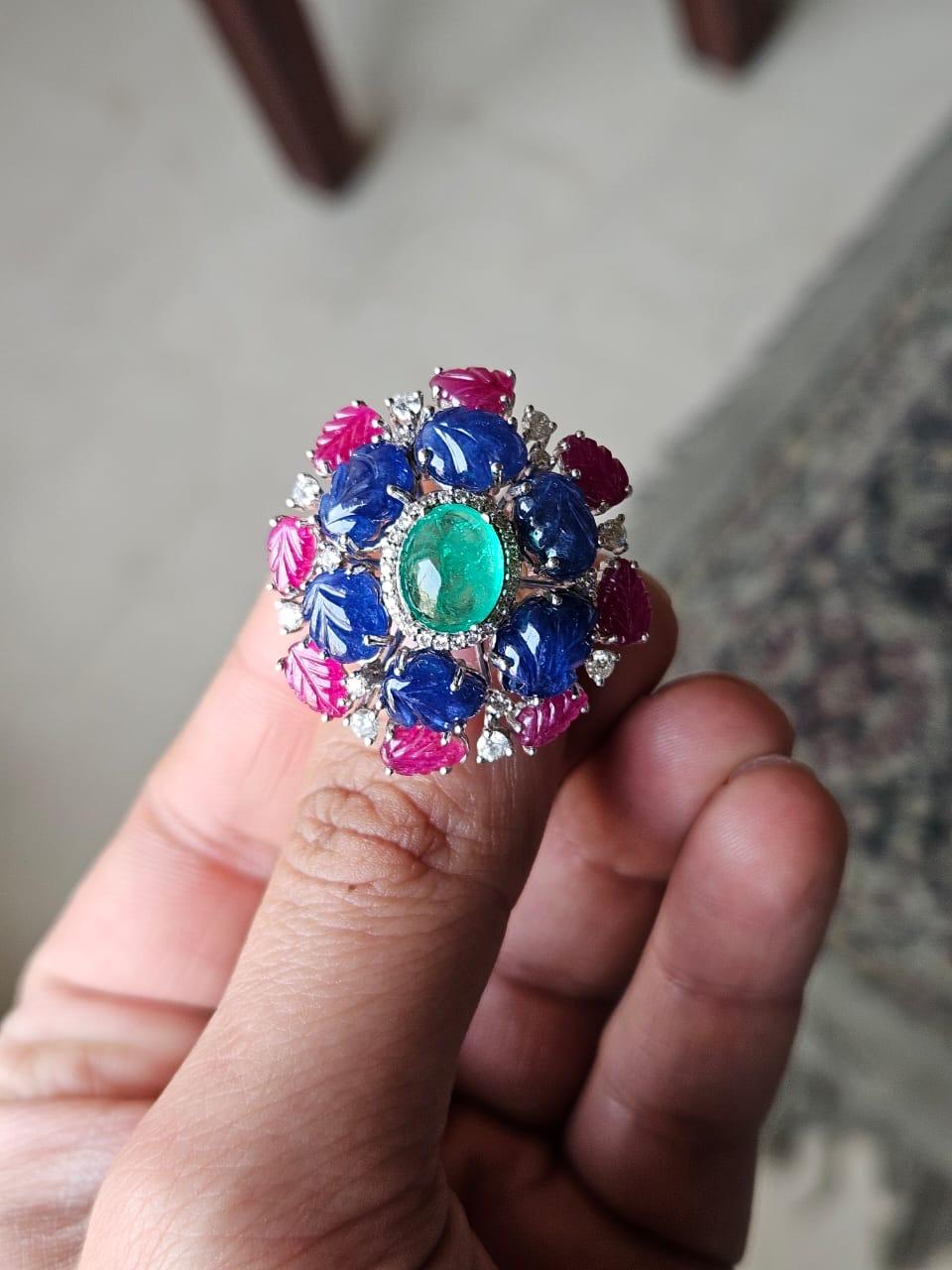 Colombian Emerald cabochon, carved Blue Sapphires, Ruby & Diamond Cocktail Ring For Sale 2